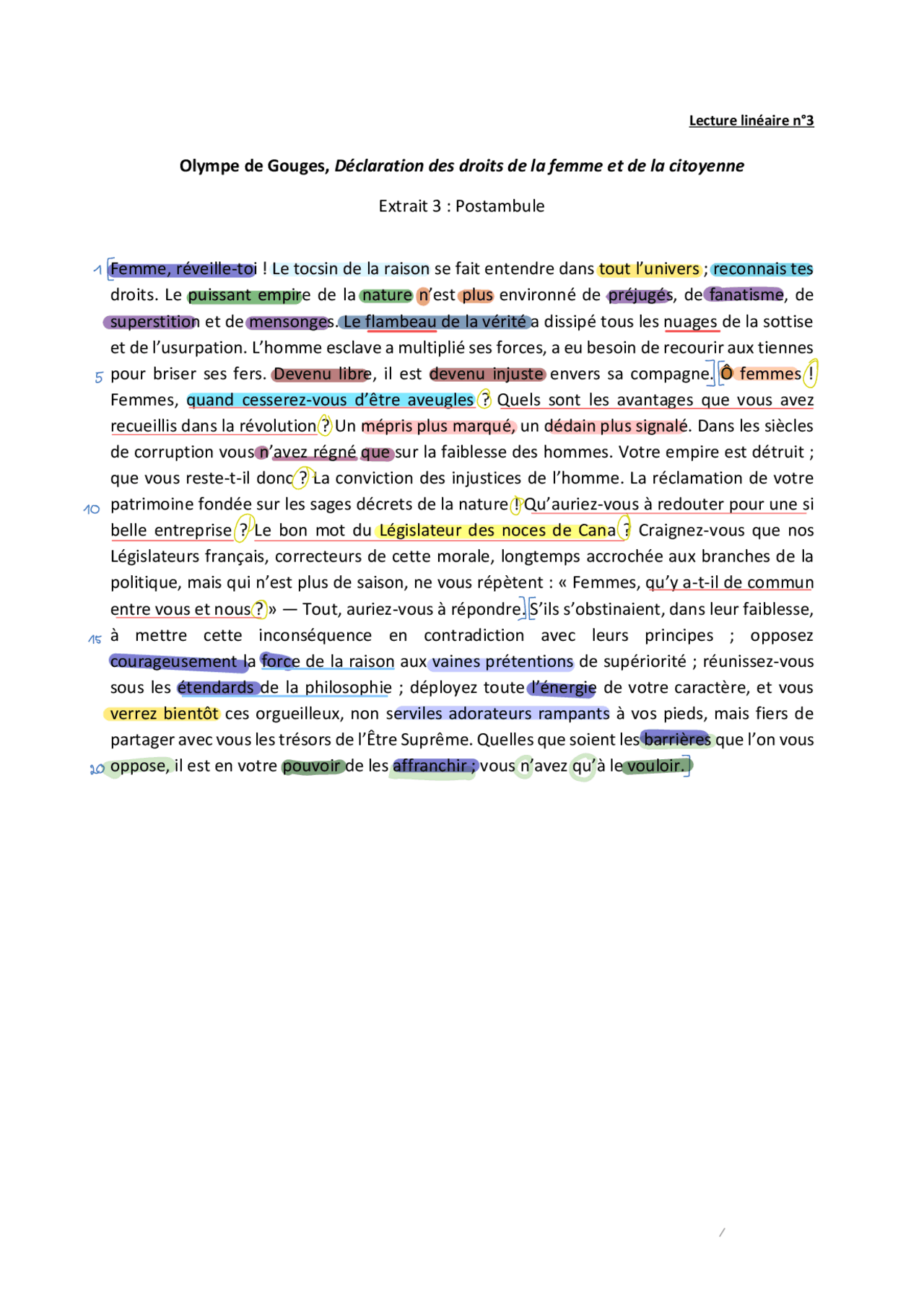 Lecture linéaire 3: Olympe de gouges | Dissertation Français | Docsity