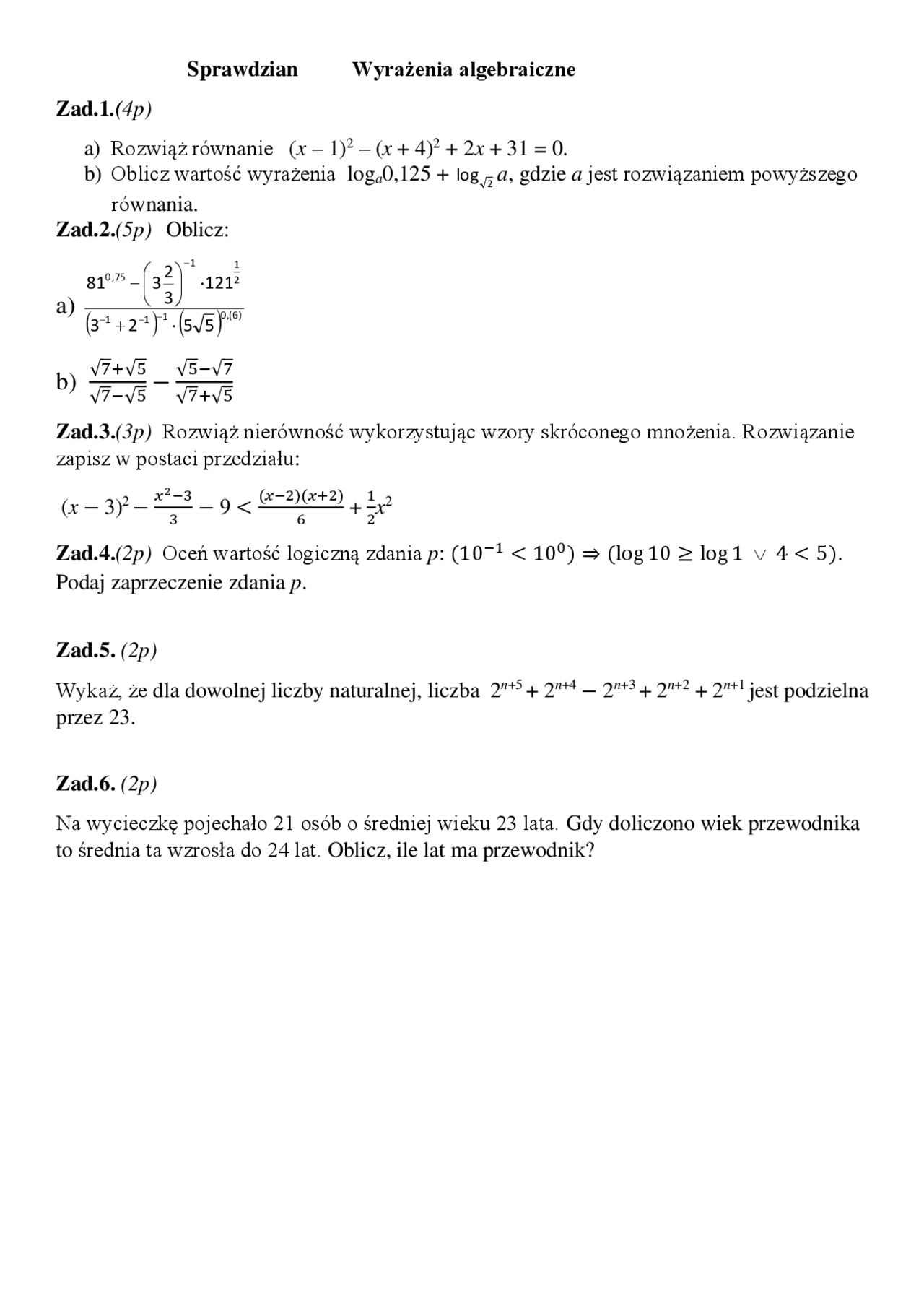 Matematyka-wyrażenia algebraiczne | Ćwiczenia Matematyka | Docsity