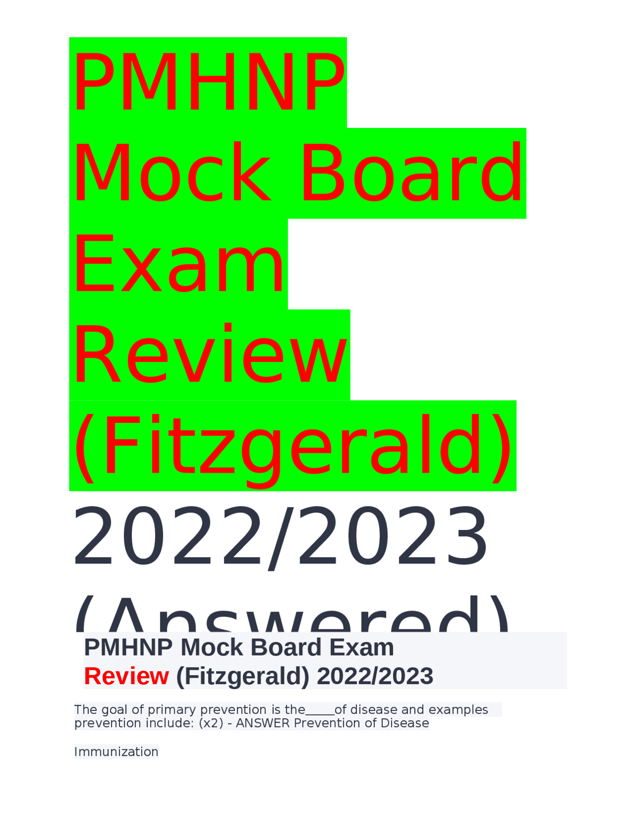 PMHNP Mock Board Exam Review(Fitzgerald) 2022/2023 (Answered) Exams