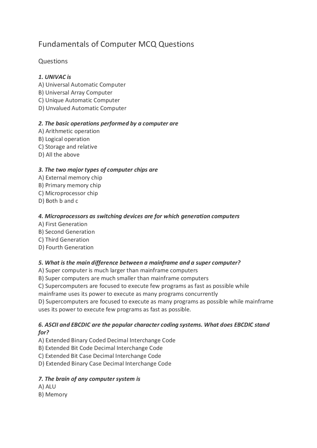 Mcq_fundamentals_of_it.pdf | Quizzes Computer Fundamentals | Docsity