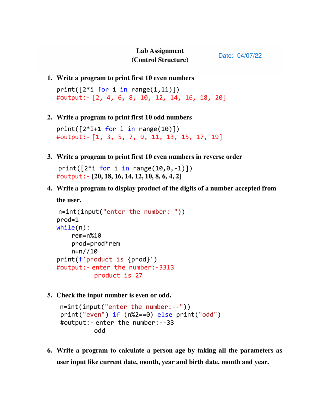 Python lab assigment program | Assignments Computer Science | Docsity
