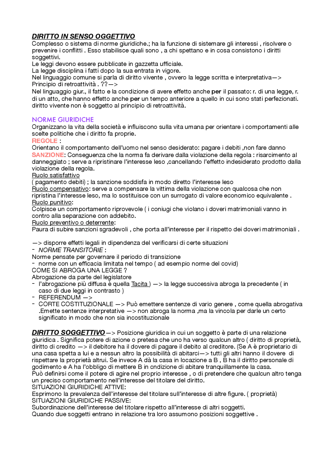 DIRITTO SOGGETTIVO , OGGETTIVO Sbobinature di Diritto Privato Docsity