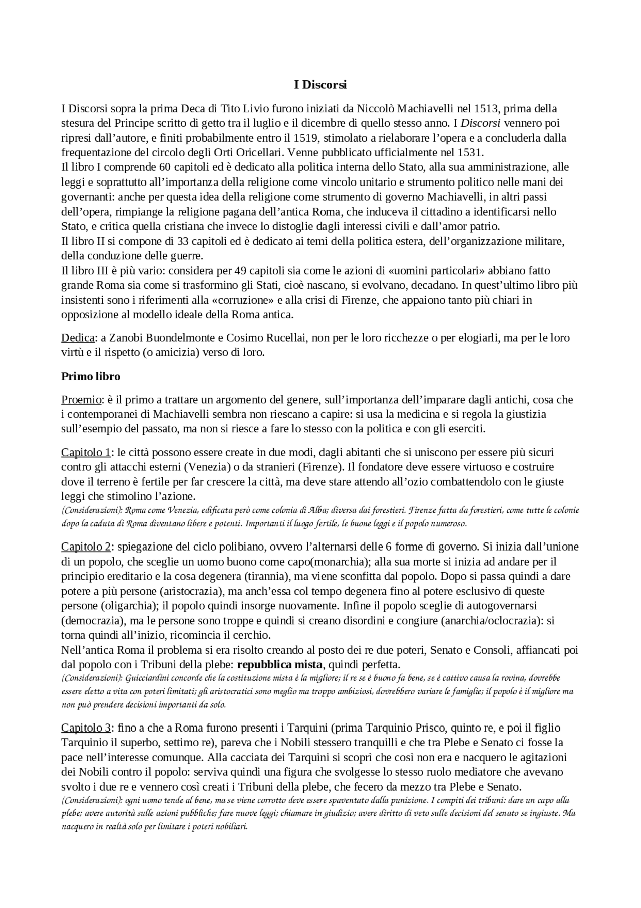 (Riassunto) Discorsi sopra la prima Deca di Tito Livio Machiavelli Appunti di Letteratura