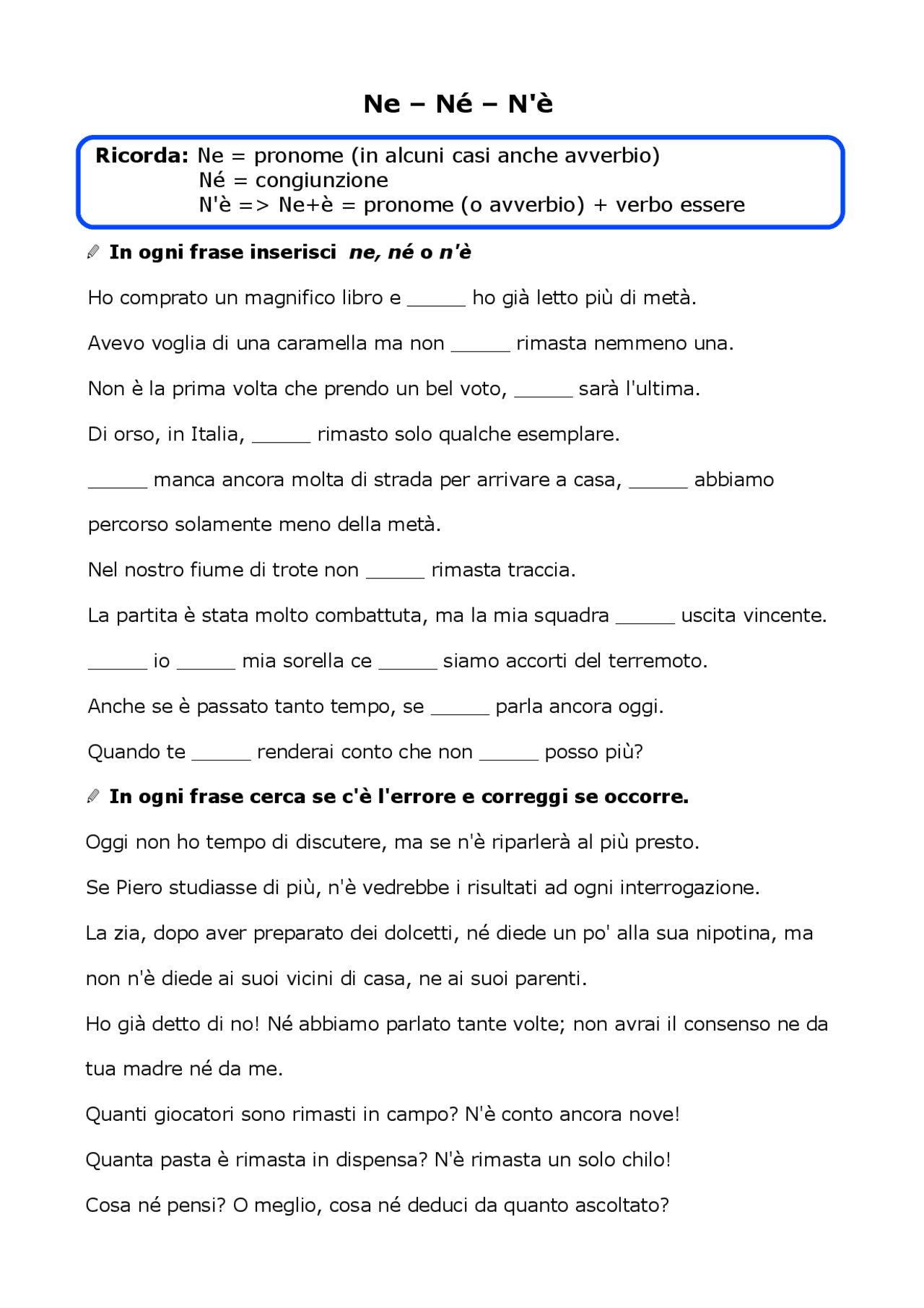 Esercizi di grammatica italiana parte 1 | Esercizi di Italiano | Docsity