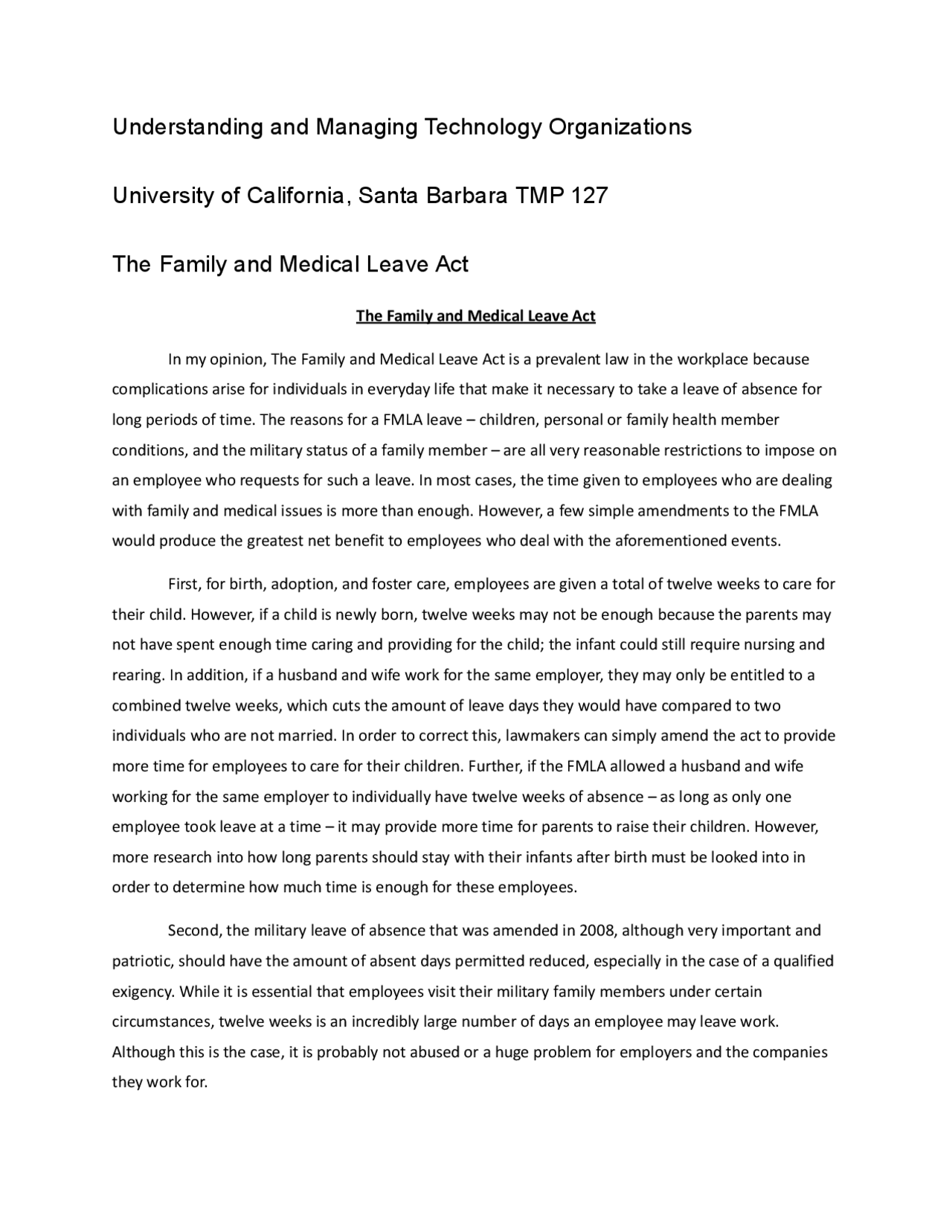 UCSB TMP 127 Understanding and Managing Technology Organizations: FMLA ...