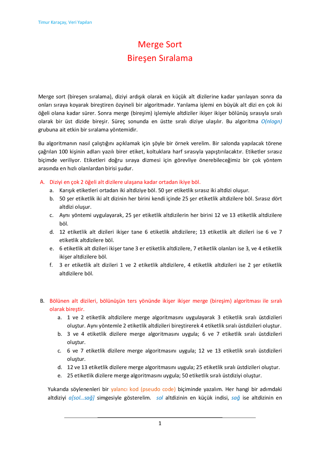 Merge sort algorithm | Cheat Sheet C programming | Docsity