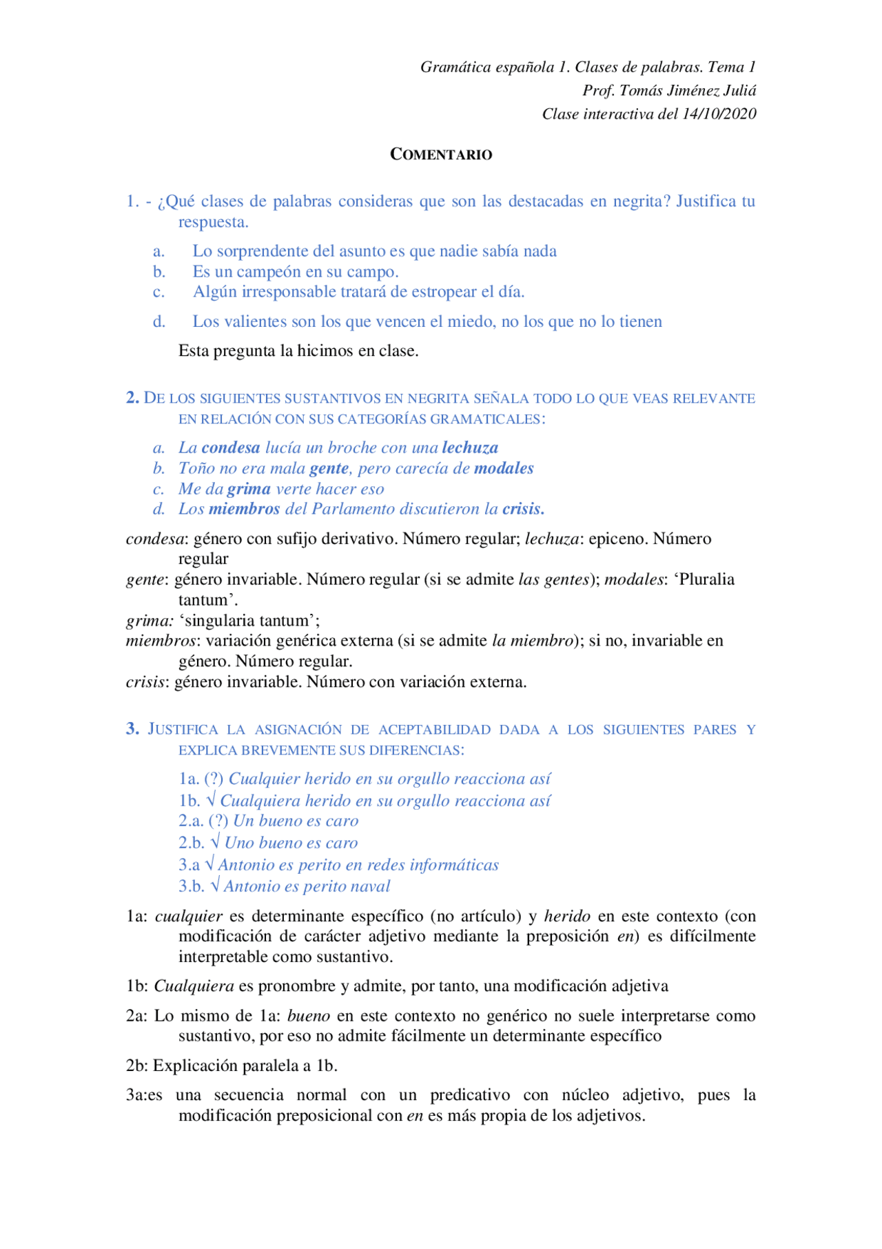 Comentario Gramática española 1 | Ejercicios de Gramática y Composición ...