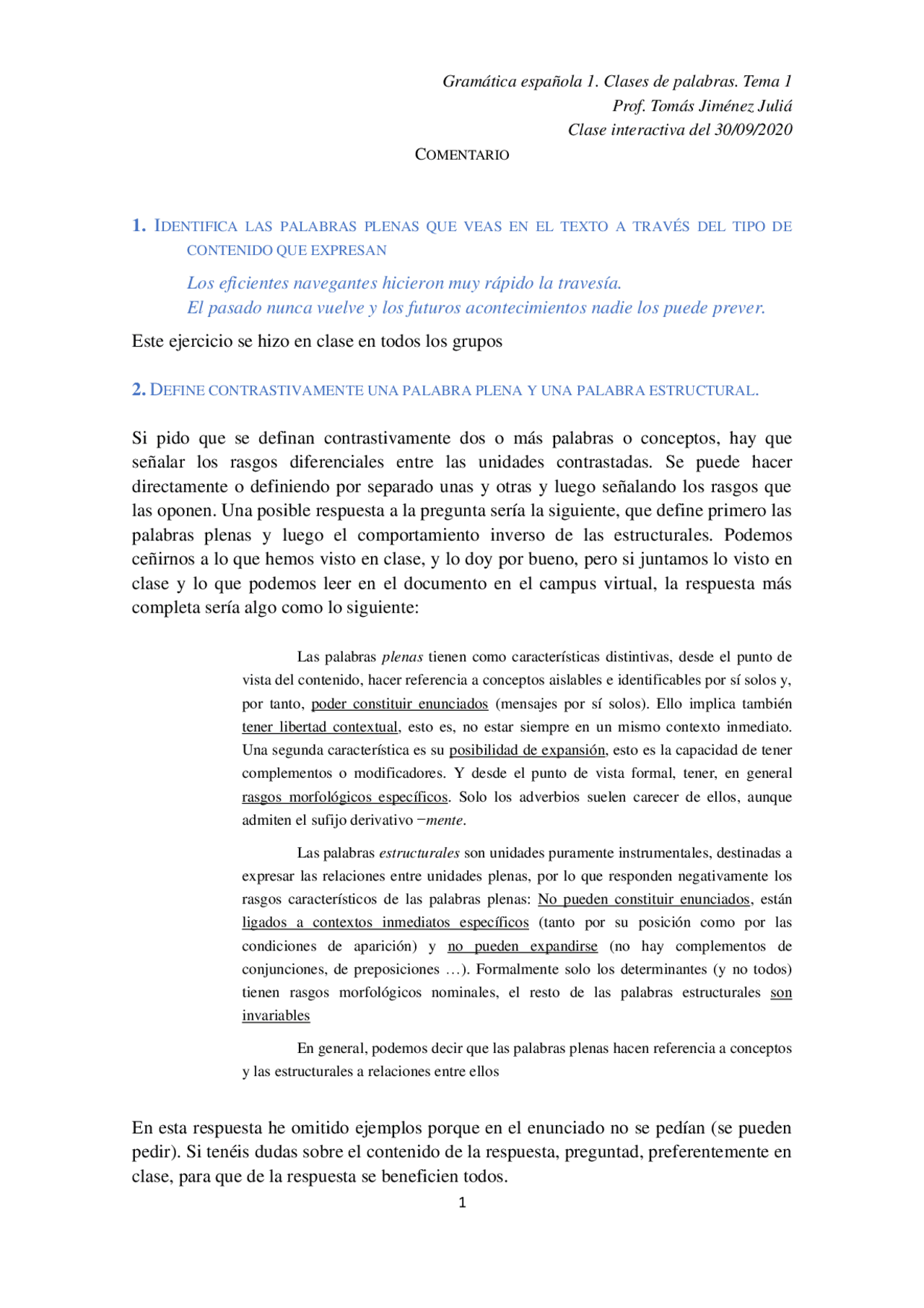 Comentario Gramática española 1 | Ejercicios de Gramática y Composición ...