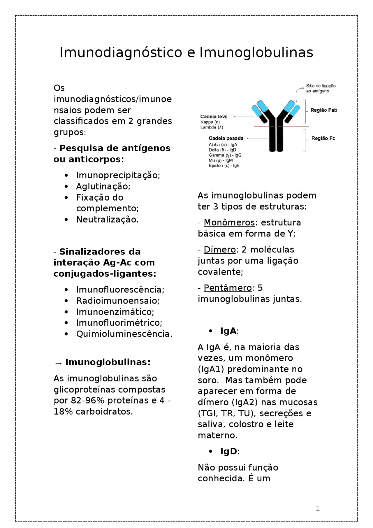 Imunodiagnóstico e Imunoglobulinas | Esquemas Imunologia | Docsity