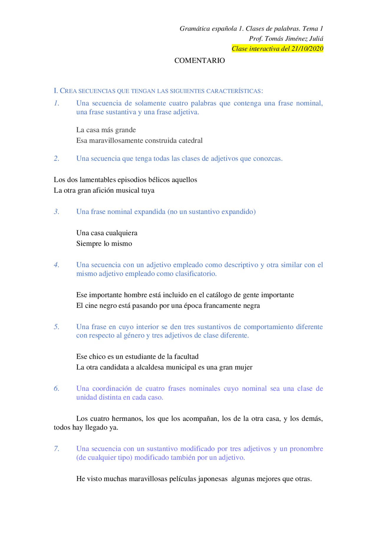 Comentario Gramática española 1 | Ejercicios de Gramática y Composición ...