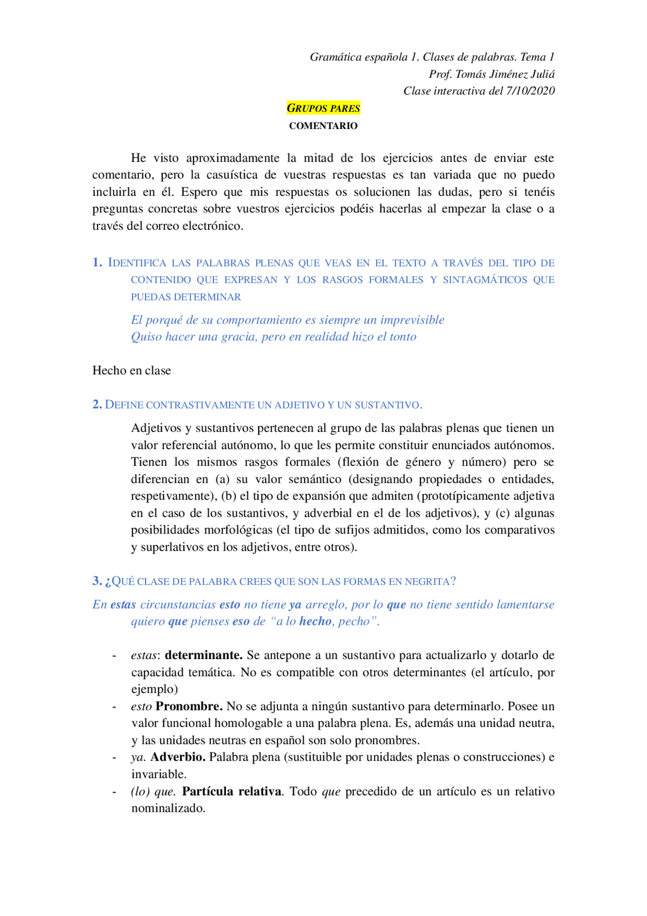 Comentario grupos pares Gramática española 1 | Ejercicios de Gramática ...