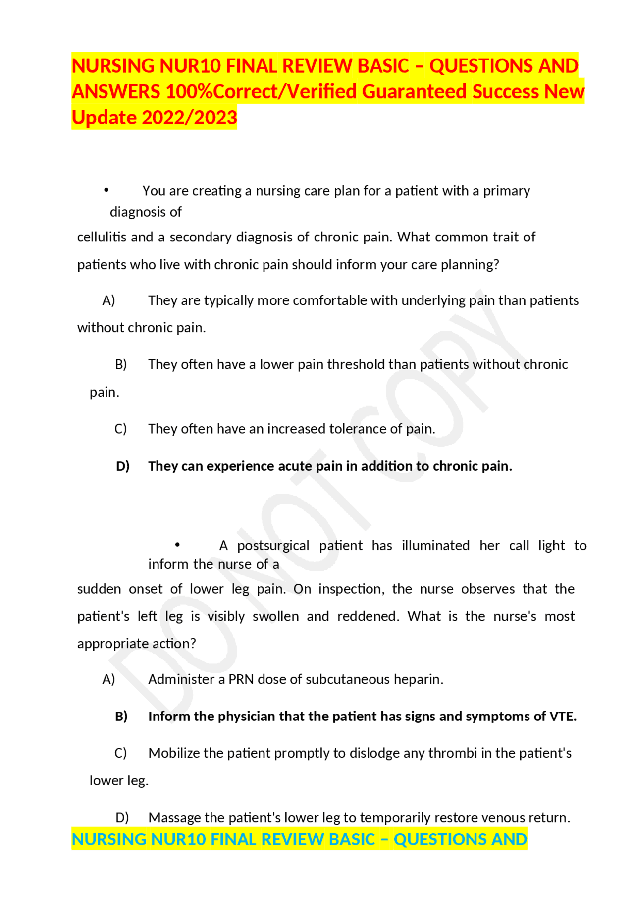 Nursing NUR10 Final Review Basic – Questions and Answers | Exams ...