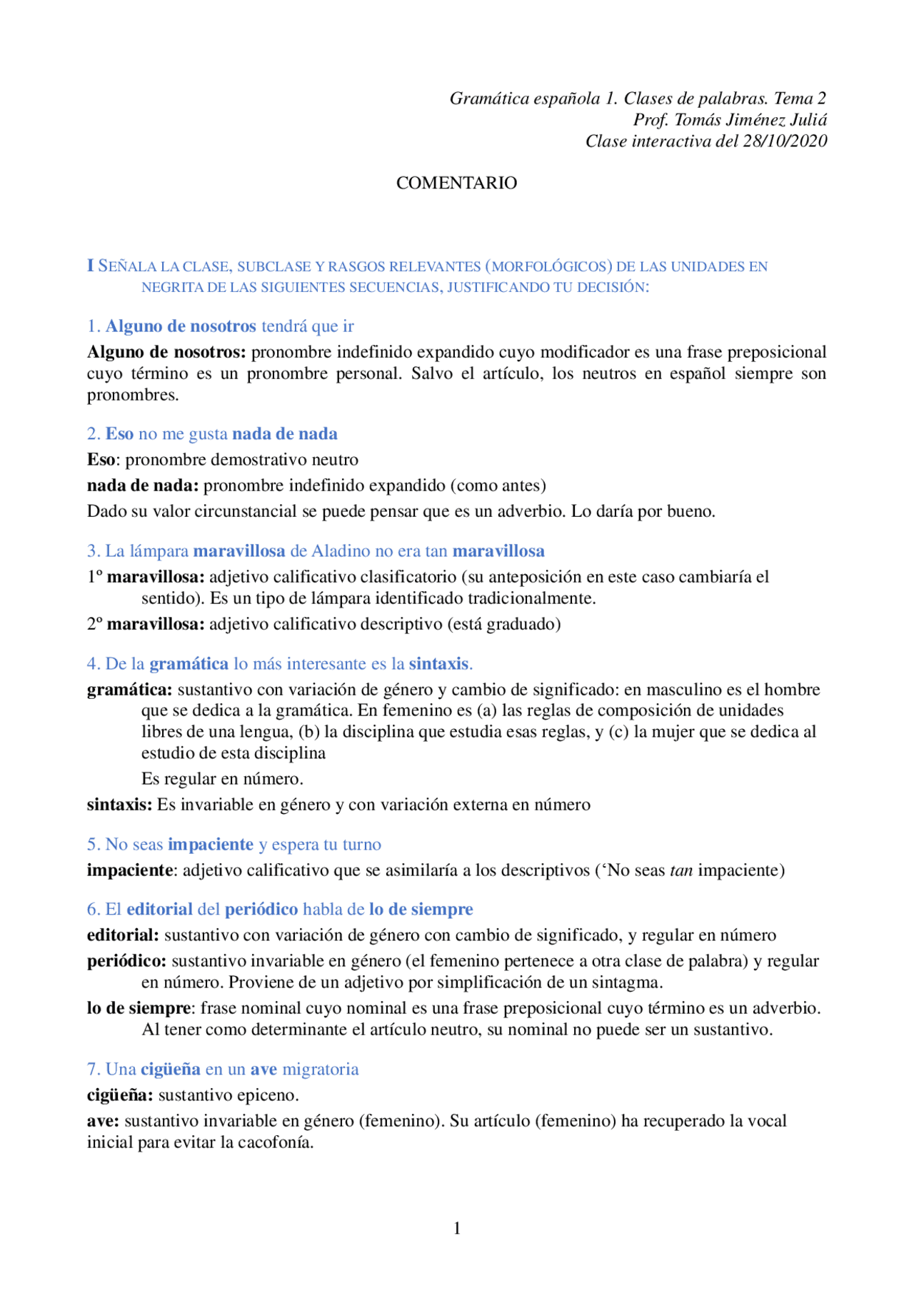 Comentario Gramática española 1 | Ejercicios de Gramática y Composición ...