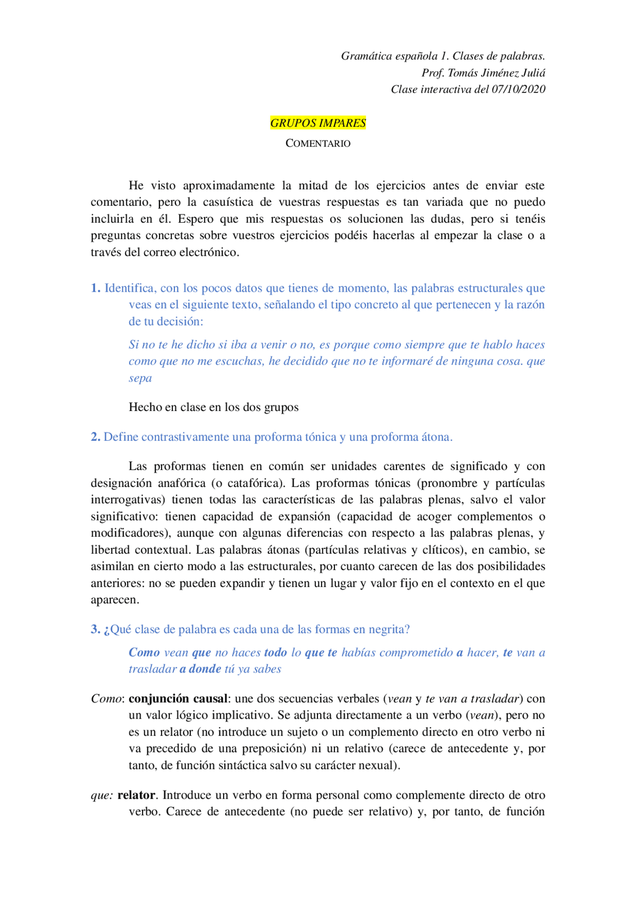 Comentario grupos impares Gramática española 1 | Ejercicios de ...