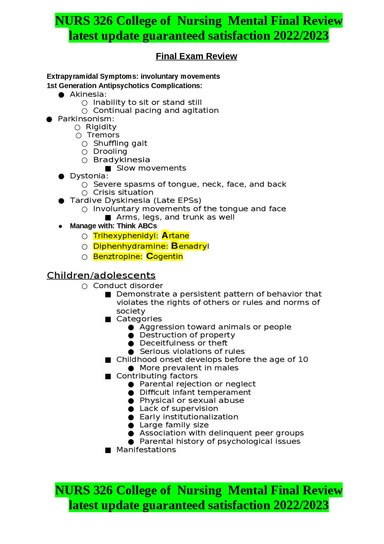 NURS 326 College of Nursing Mental Final Review latest update ...