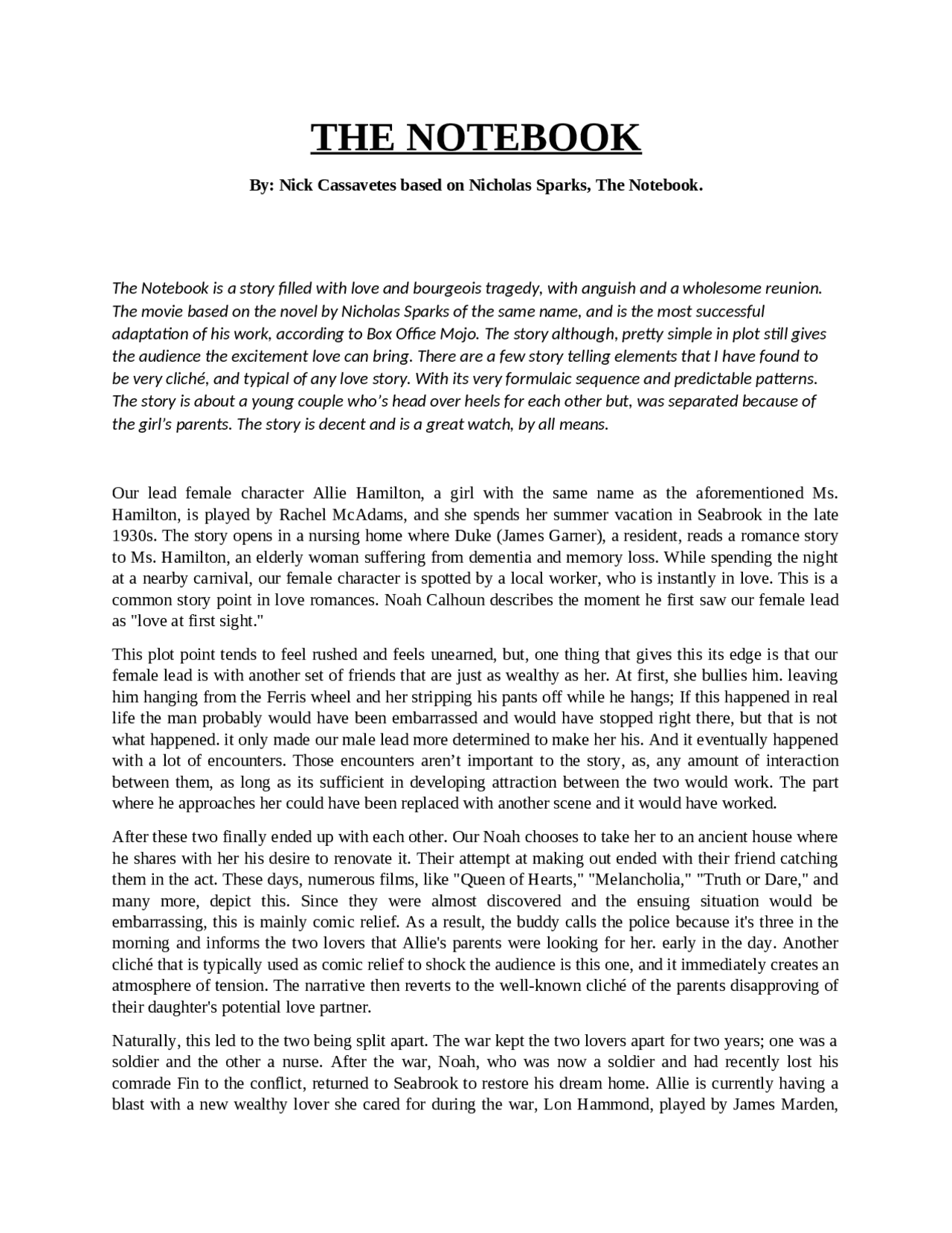 The Notebook, Thesis Statement | High school final essays English | Docsity