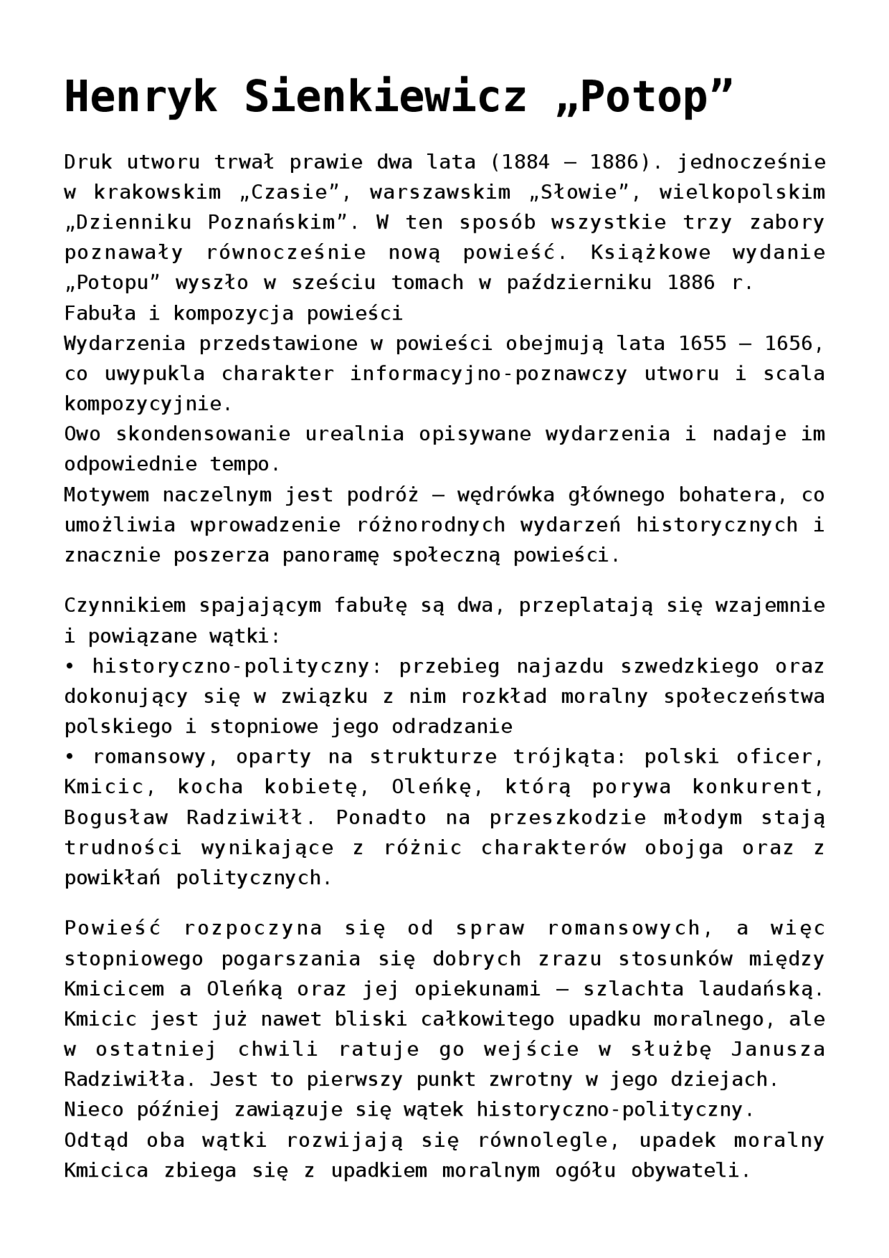 Jezyk polski notatka potop | Notatki Język polski | Docsity