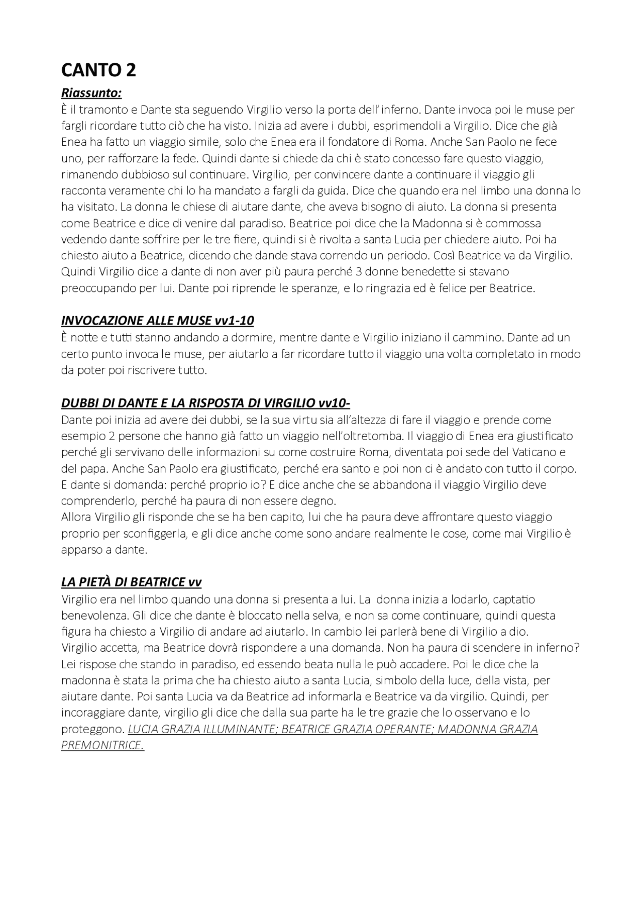 SECONDO CANTO DELL’INFERNO ANALISI Appunti di Italiano Docsity