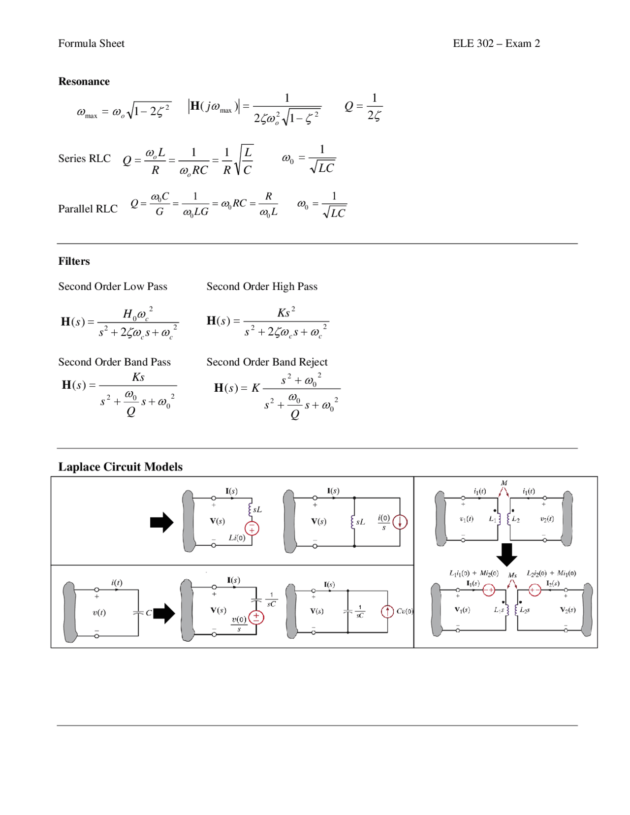 Exam 2 Formula sheet | Cheat Sheet Electrical Circuit Analysis | Docsity