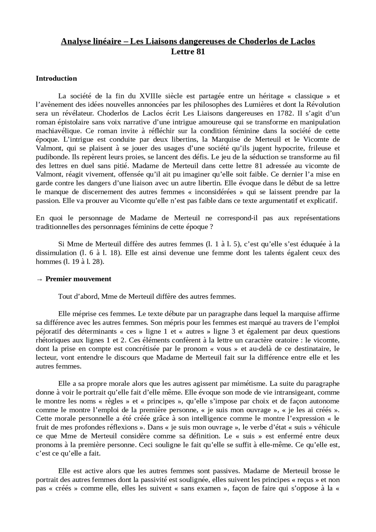 Les Liaisons Dangereuses Lettre 81 Analyse Linéaire Analyse linéaire – Les Liaisons dangereuses de Choderlos de Laclos Lettre 81  | maturité tests effectués Français | Docsity