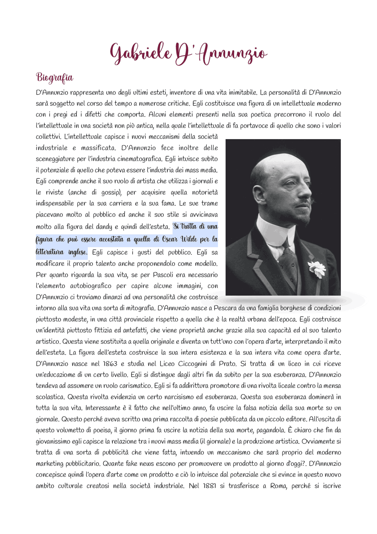 Gabriele D’Annunzio, con collegamenti per maturità | Appunti di ...