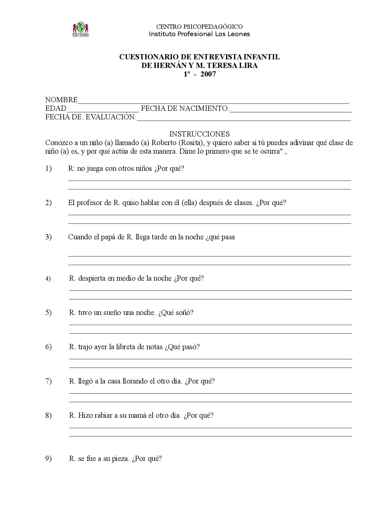 Test de roberto y rosita | Ejercicios de Psicología | Docsity