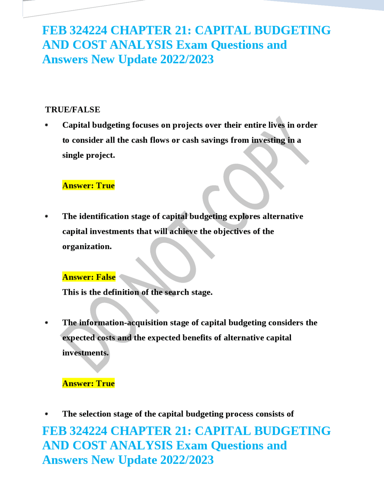 FEB 324224 CHAPTER 21: CAPITAL BUDGETING AND COST ANALYSIS Exam ...