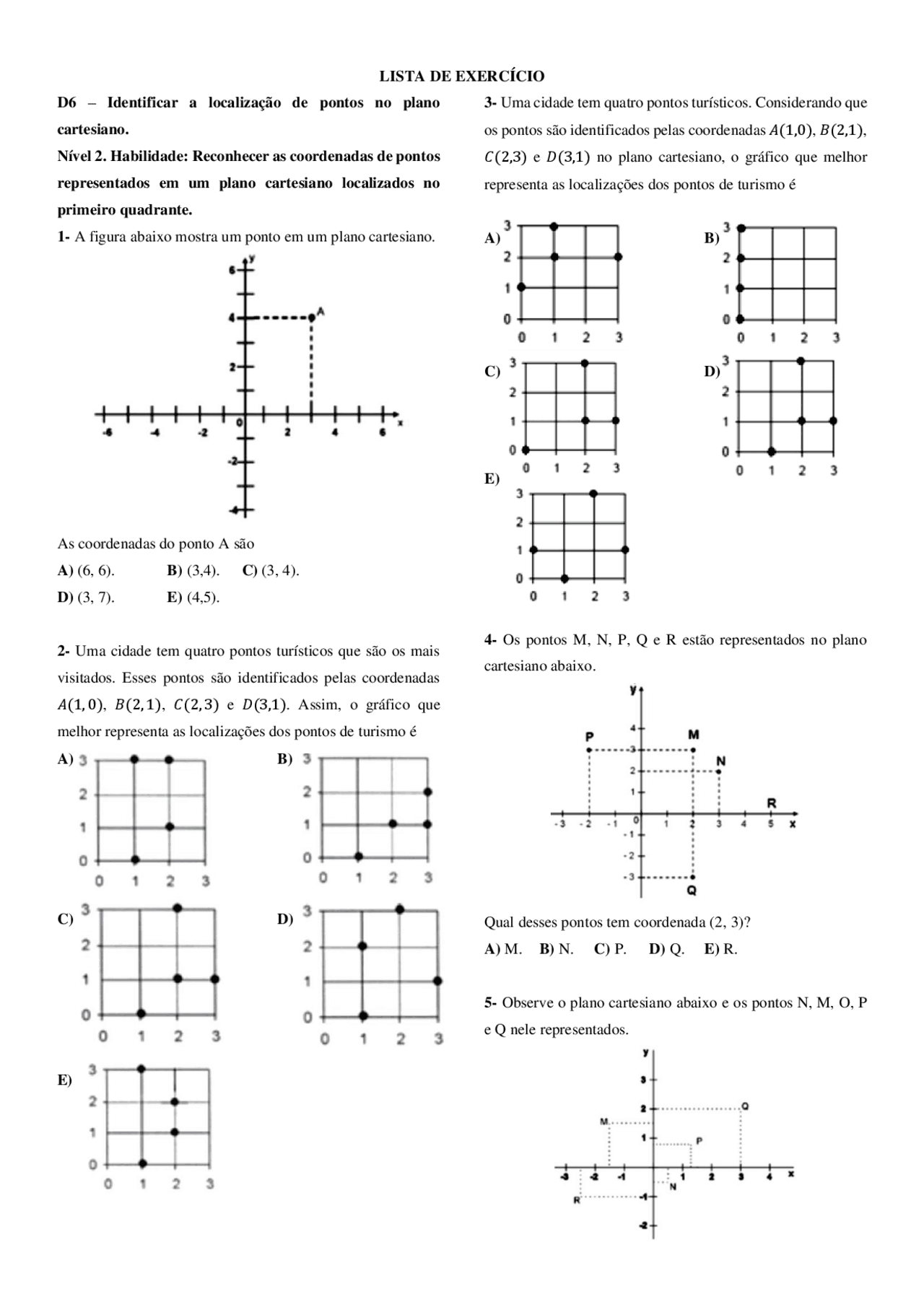 Lista de Exercícios - Coordenadas Cartesianas e Funções | Exercícios ...