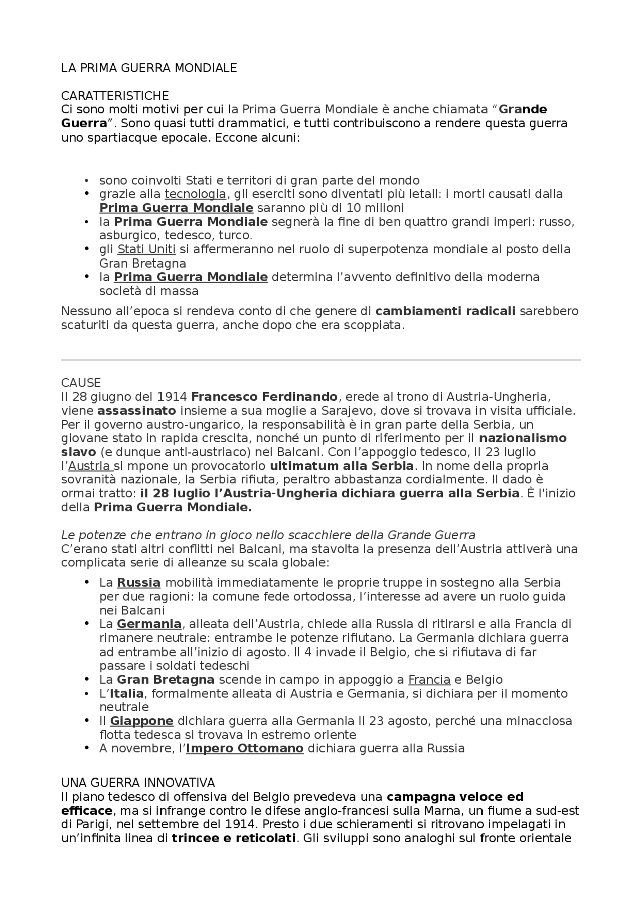 Prima Guerra Mondiale | Schemi e mappe concettuali di Storia | Docsity