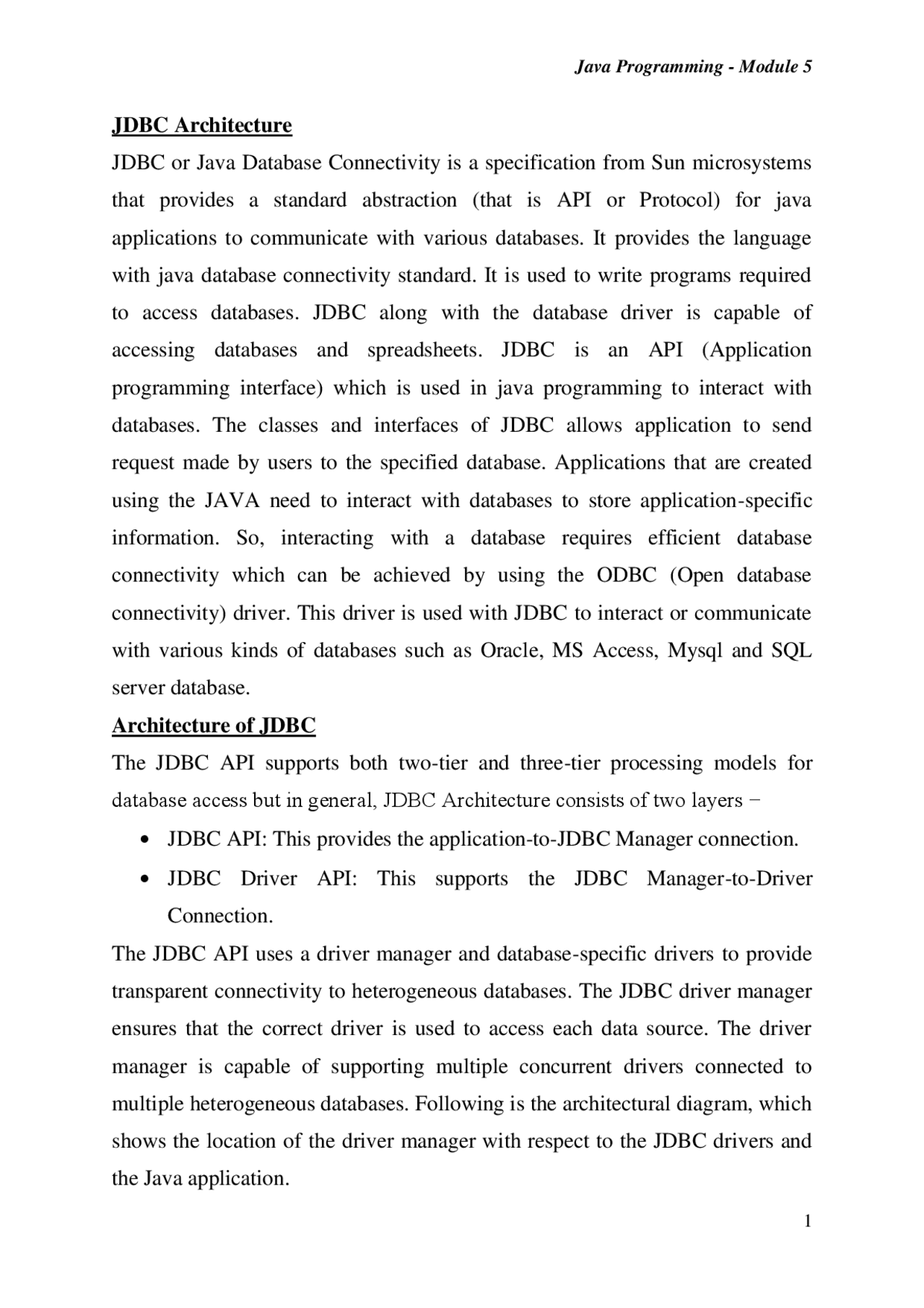 JDBC ARCHITECTURE IN JAVA | Study notes Computer Science | Docsity