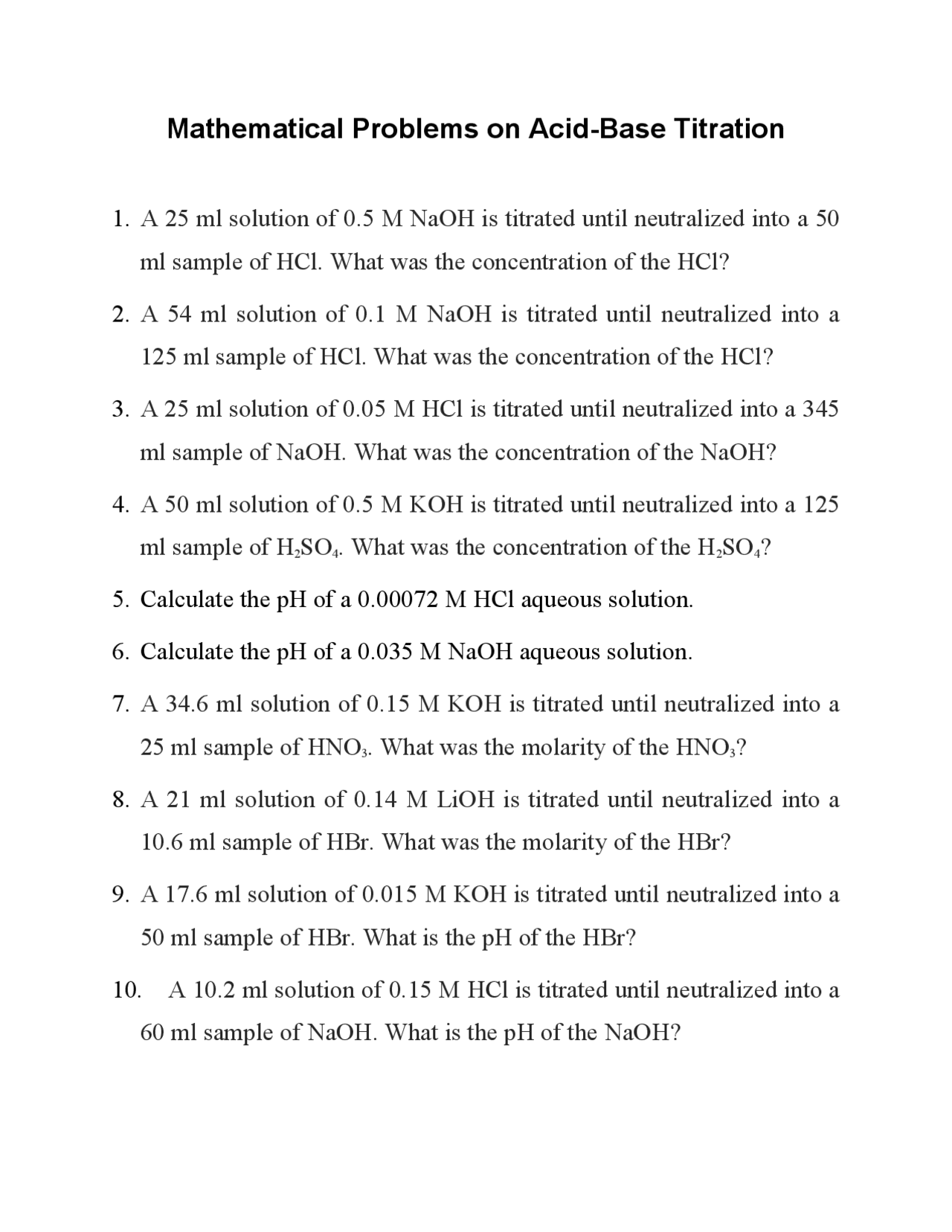 Math Acid Problem Mathematical Problems on Acid Base titration | Exercises Pharmaceutical ...