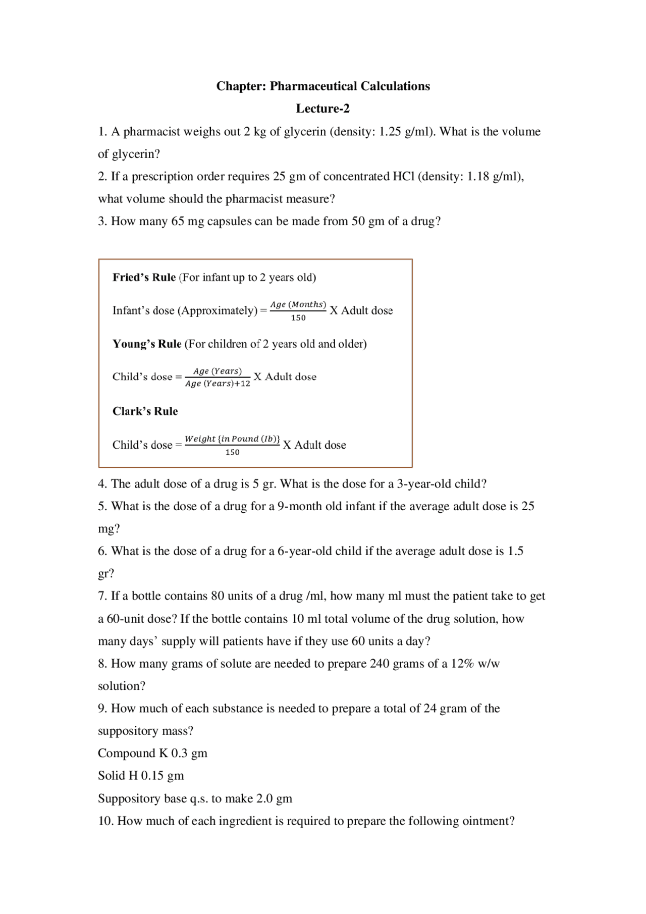 Pharmaceutical Calculations (part 2) | Exercises Pharmacy | Docsity Pharmaceutical Calculations (part 2) | Exercises Pharmacy | Docsity