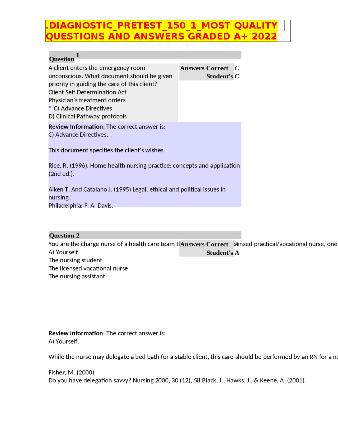 Nursing Pretest Questions and Answers | Exams Nursing | Docsity