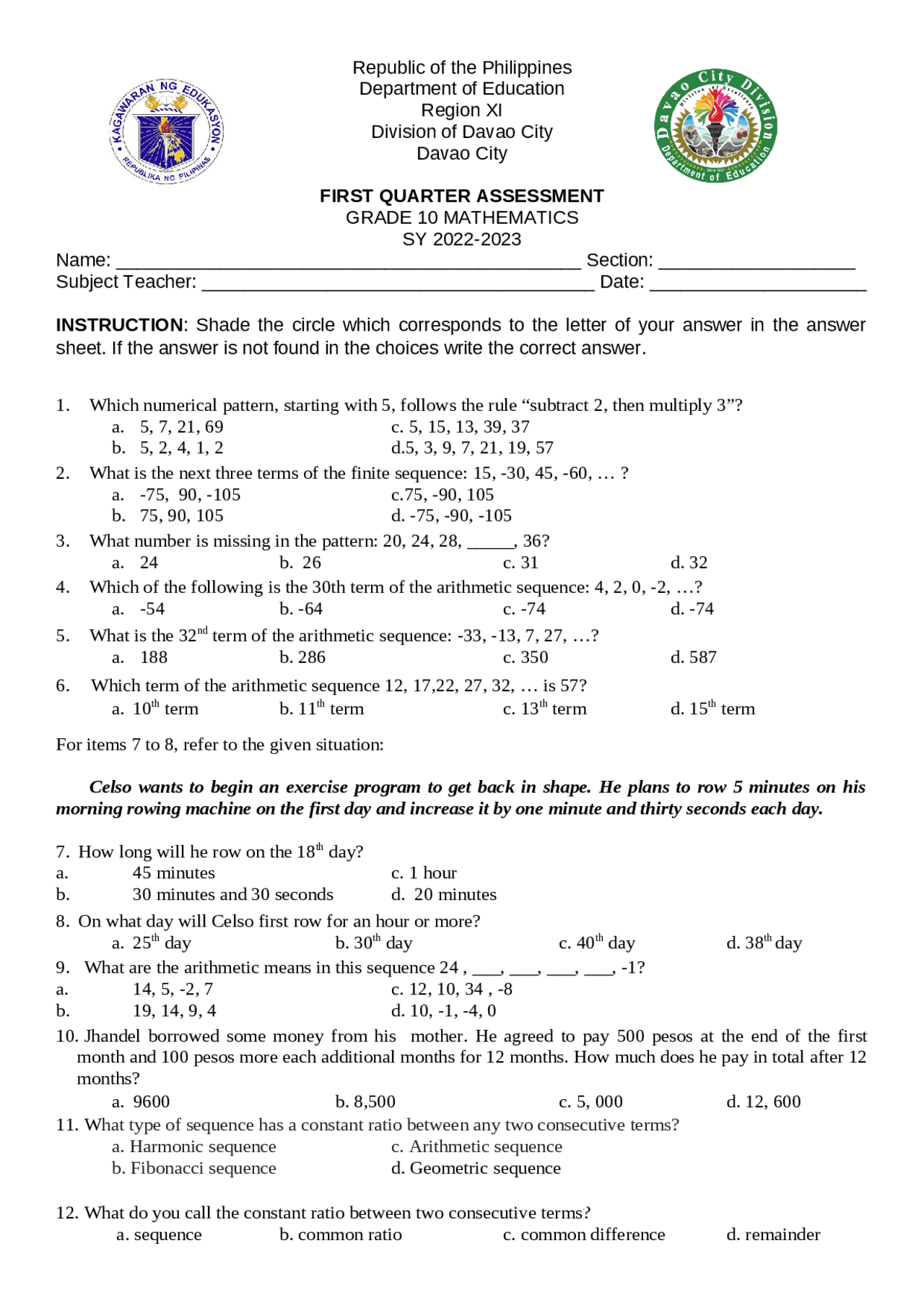 Grade 10 Mathematics Exam | Exams Mathematics | Docsity