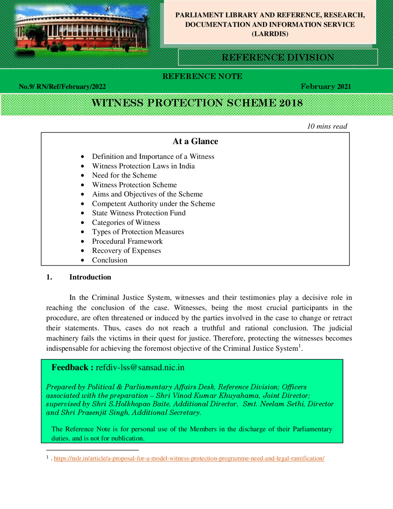 WITNESS PROTECTION SCHEME 2018 | Cheat Sheet Law | Docsity