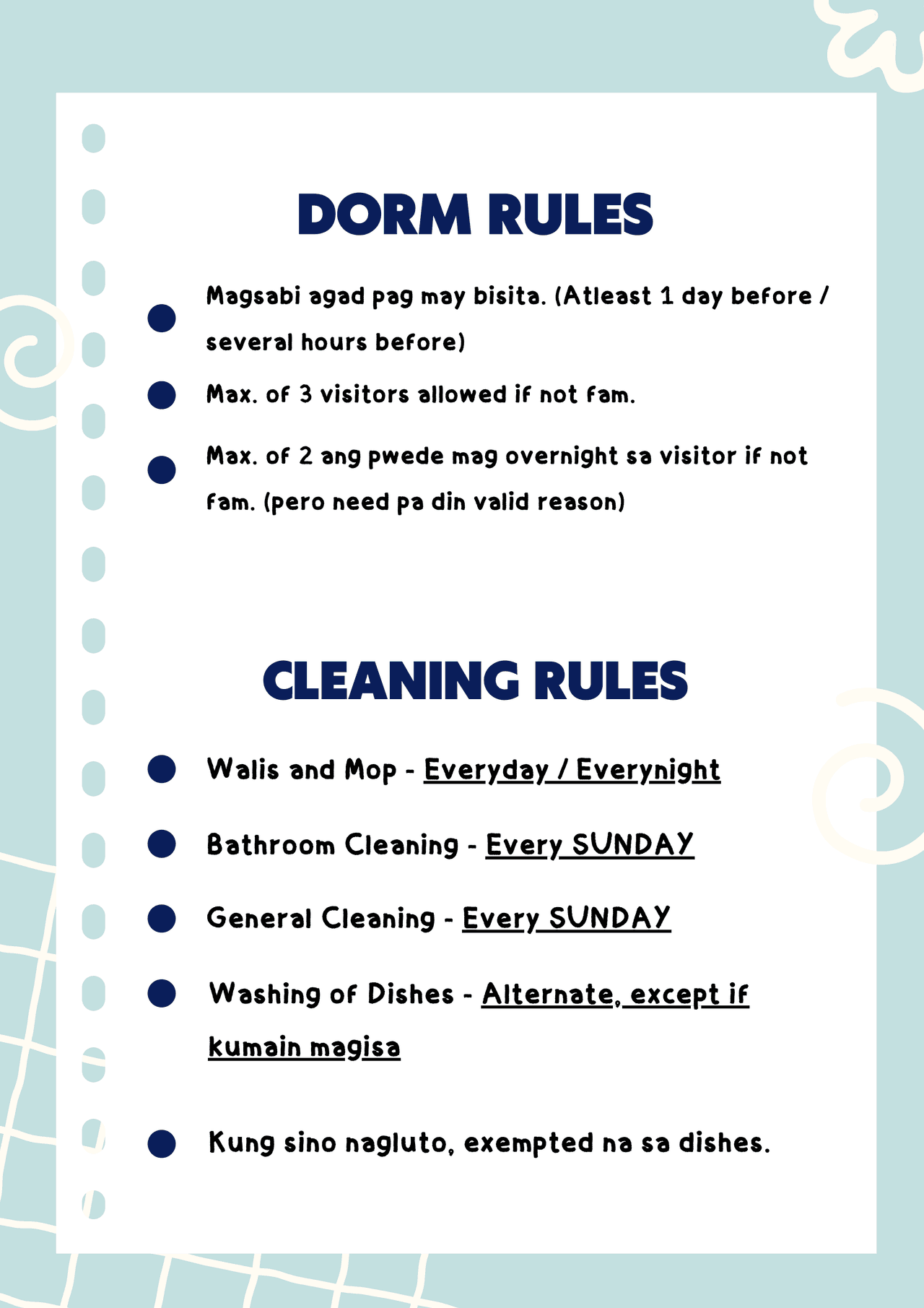 Dormitory Visitor and Cleaning Rules | Assignments Environmental science |  Docsity