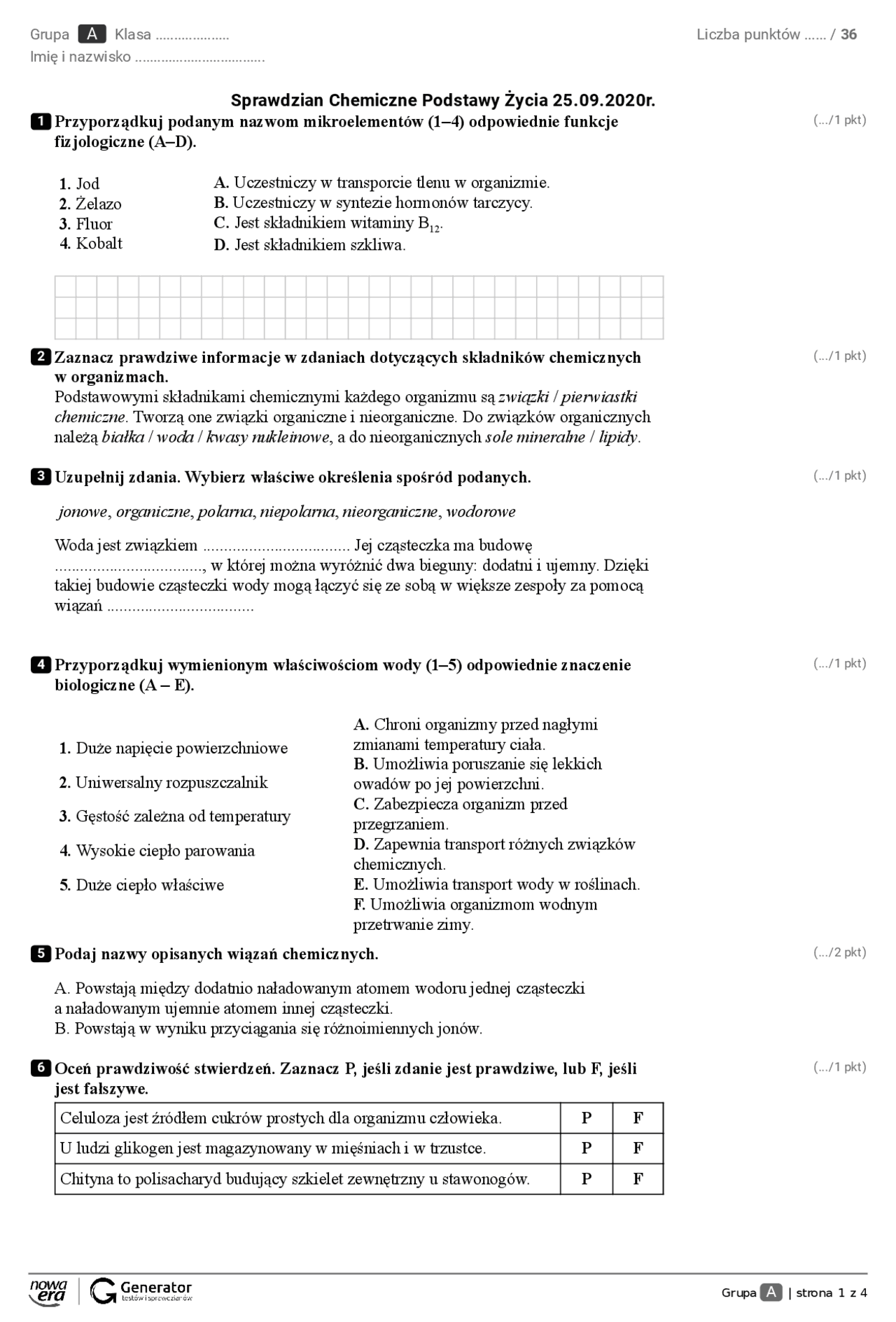 Chemiczne podstawy życia | Testy Biologia | Docsity
