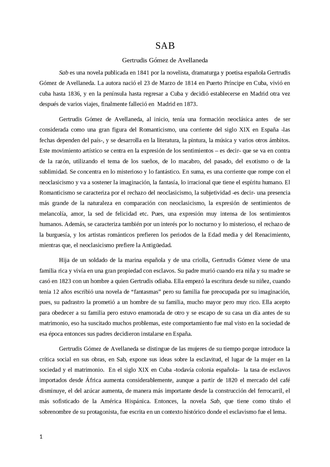Sab gertrudis gomez de avellaneda | Résumés Littèrature espagnole | Docsity
