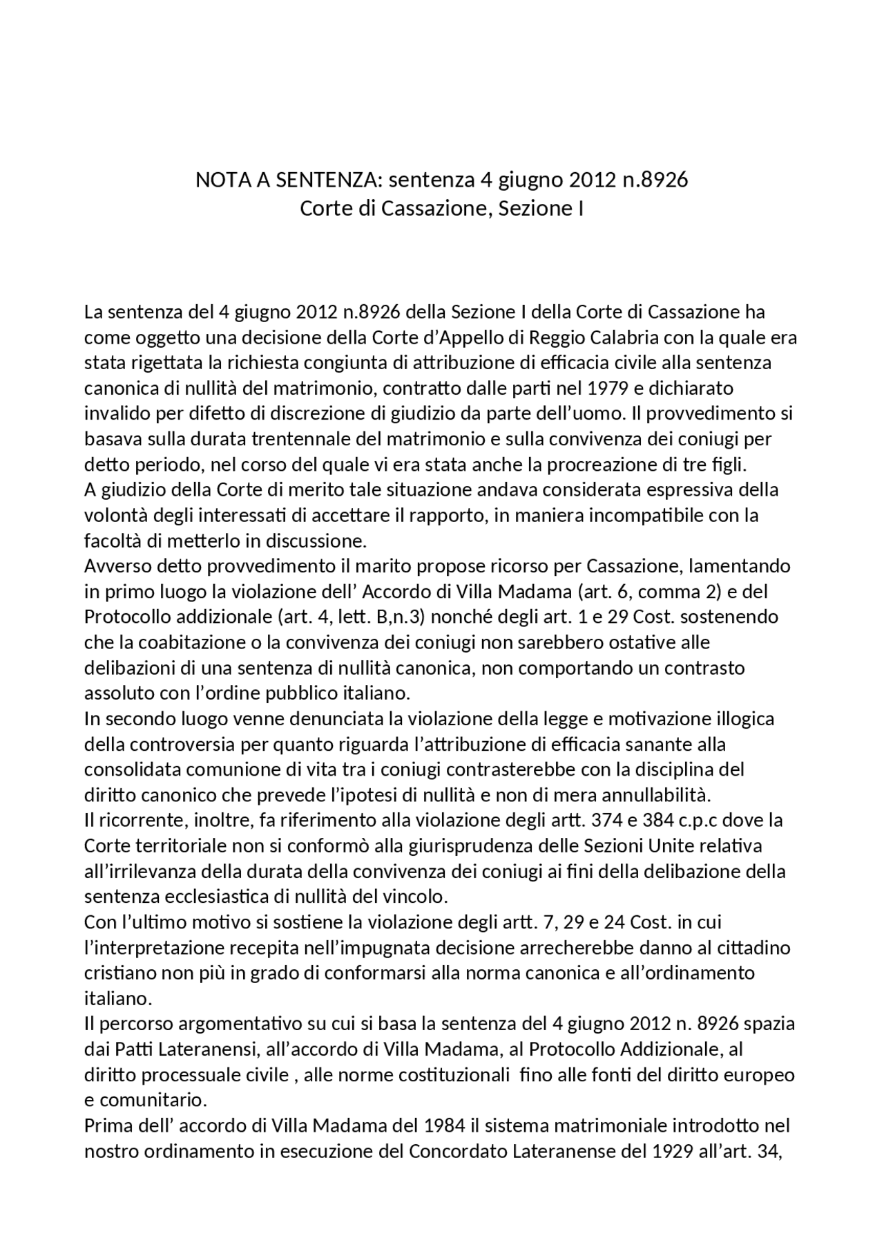 Nota a sentenza di diritto ecclesiastico riguardanti il l'annullabilità ...