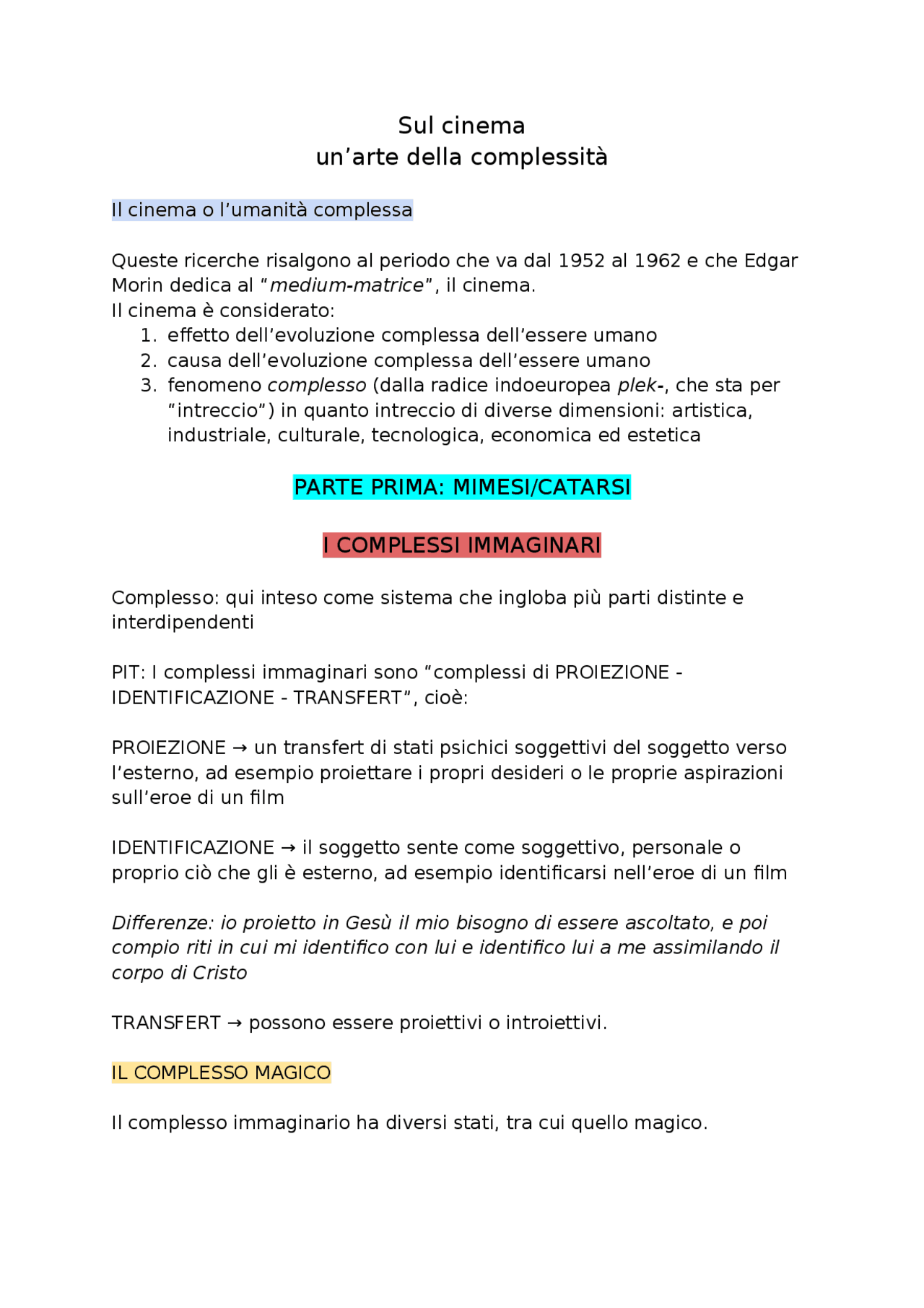 Sul cinema, Un'arte della complessità Edgar Morin, RIASSUNTO Sintesi del corso di Teoria Del Sul cinema, Un'arte della complessità Edgar Morin, RIASSUNTO Sintesi del corso di Teoria Del