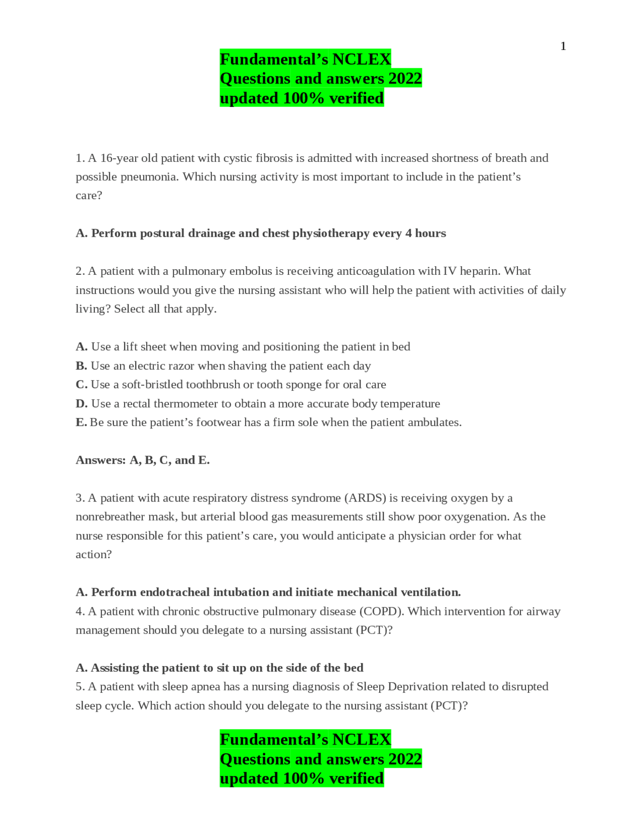 Fundamental’s NCLEX Questions and answers 2022 updated 100 verified