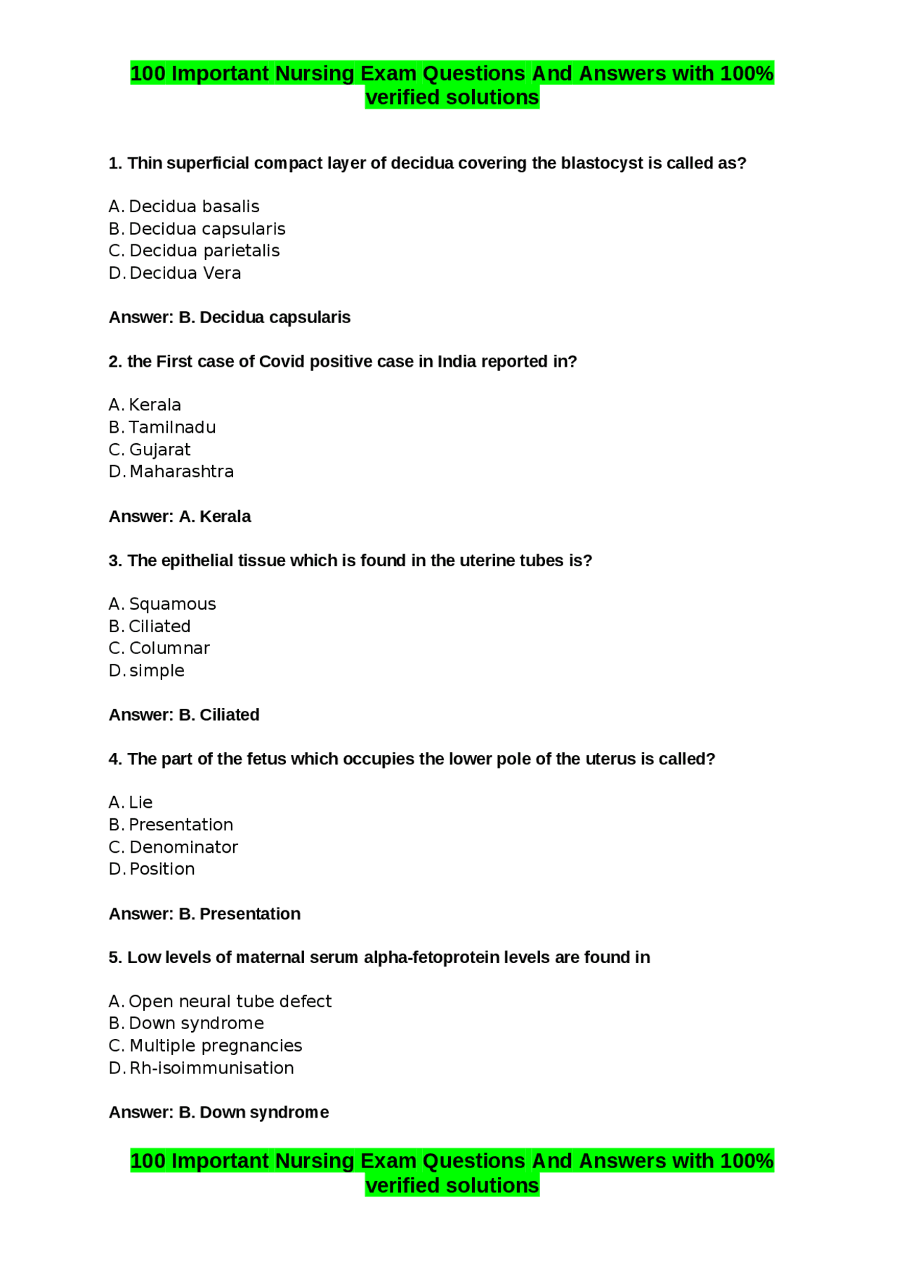 100 Important Nursing Exam Questions And Answers with 100% verified ...