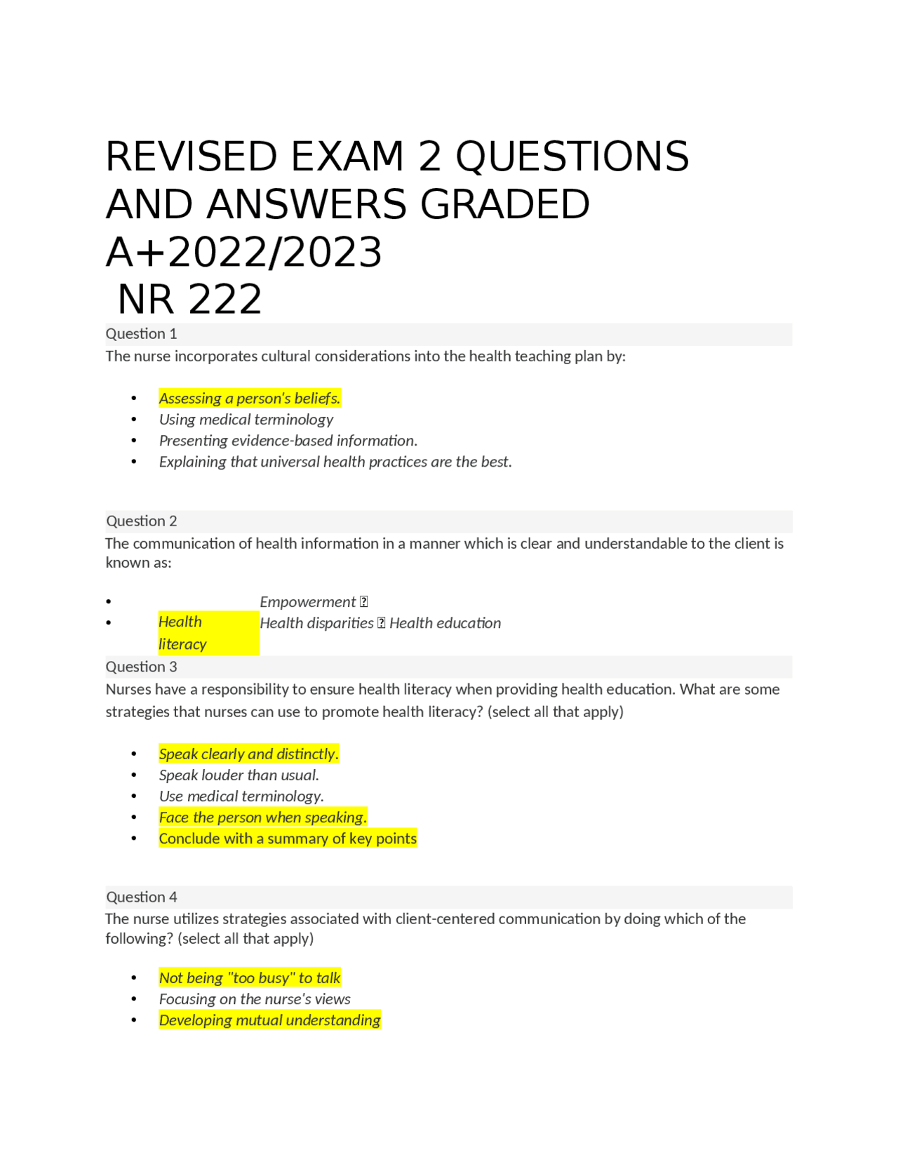 REVISED EXAM 2 QUESTIONS AND ANSWERS GRADED A+2022/2023 NR 222 | Exams ...