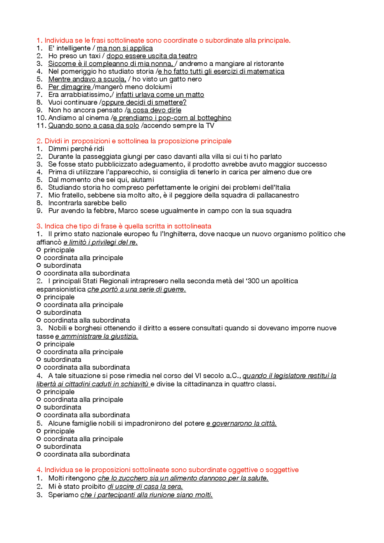 Esercizi analisi del periodo Esercizi di Italiano Docsity