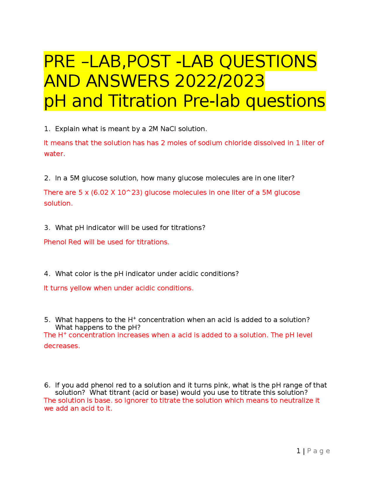 PRE –LAB,POST -LAB QUESTIONS AND ANSWERS 2022/2023 pH and Titration Pre ...