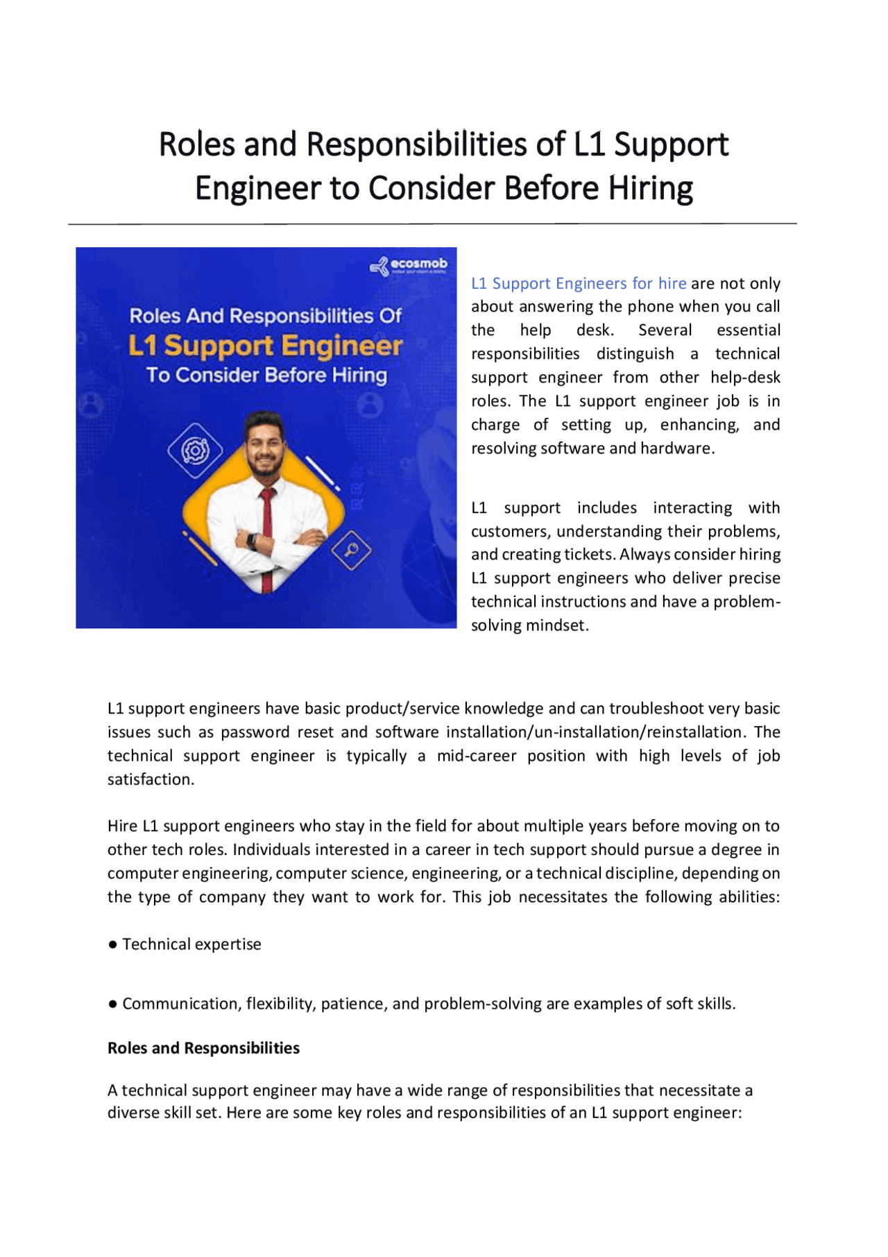 Roles and Responsibilities of L1 Support Engineer to Consider Before
