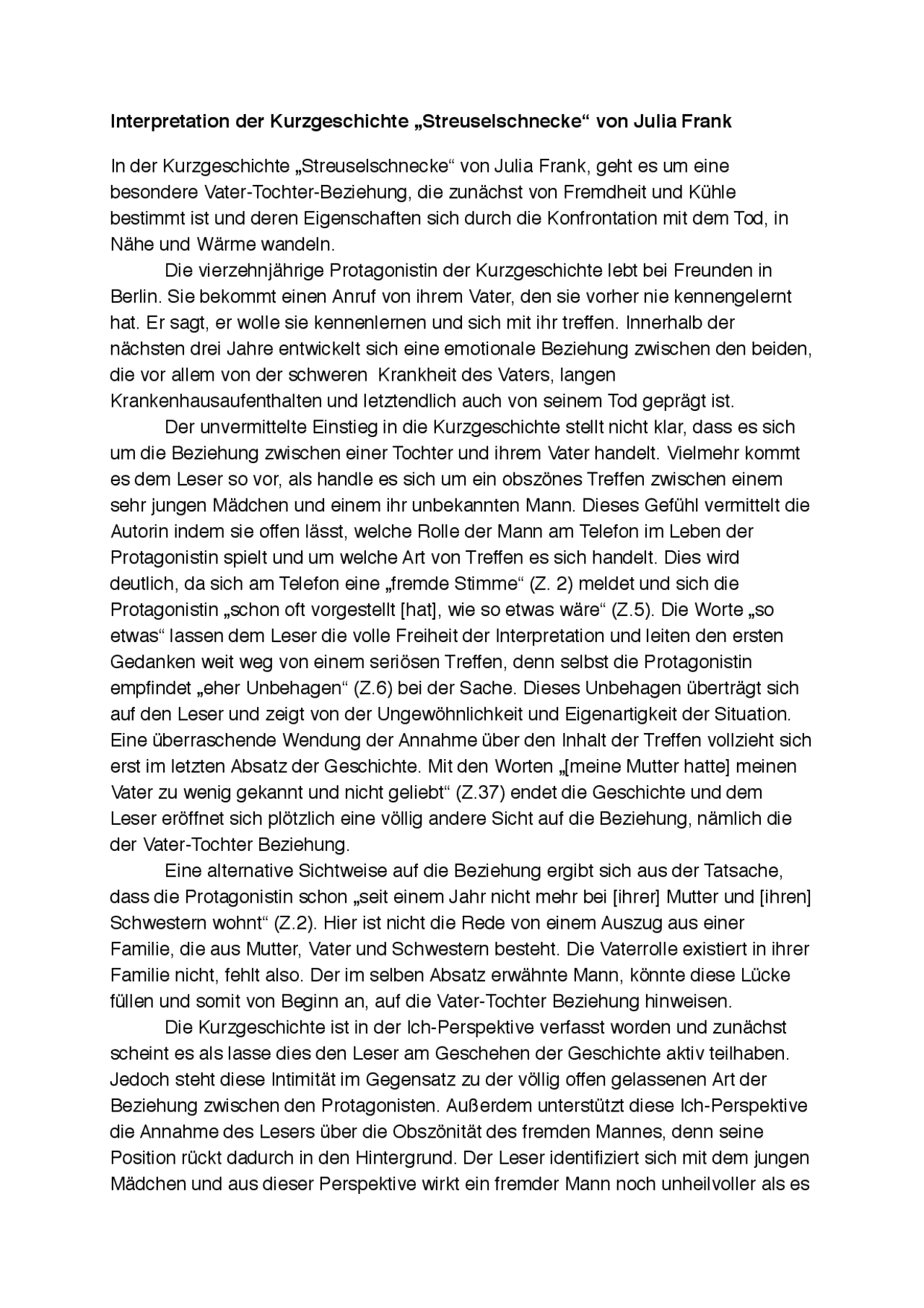 Interpretation der Kurzgeschichte 'Streuselschnecke' von Julia Frank ...