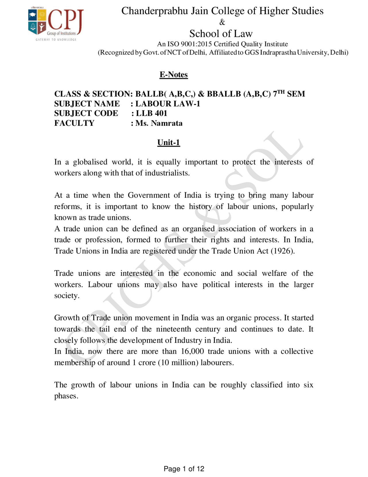 unit 1 of labour law | Study notes Labour Law | Docsity