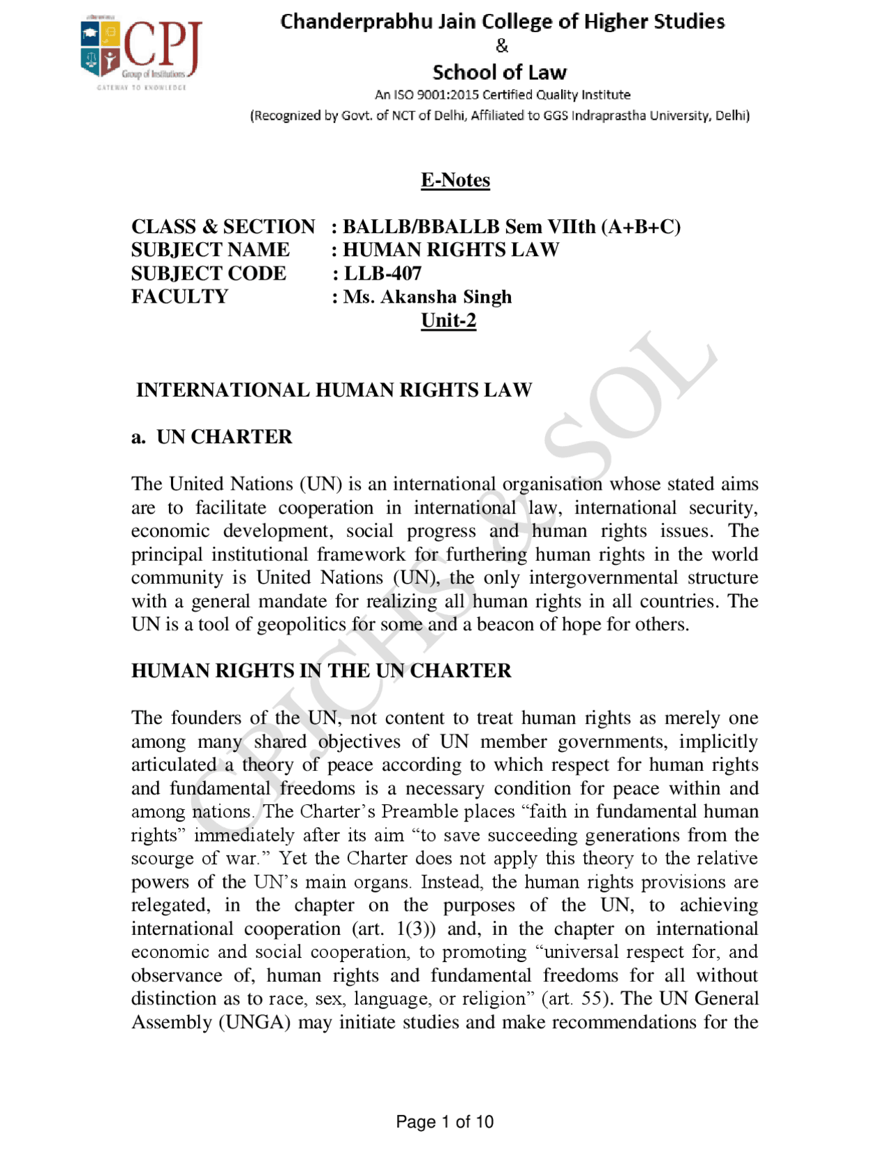 Human Rights Lecture Notes Unit 2 of human rights | Study notes Human Rights | Docsity