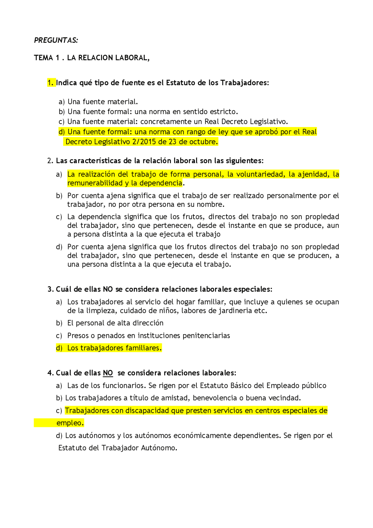 TEST FOL RELACION LABORAL | Apuntes de Derecho | Docsity